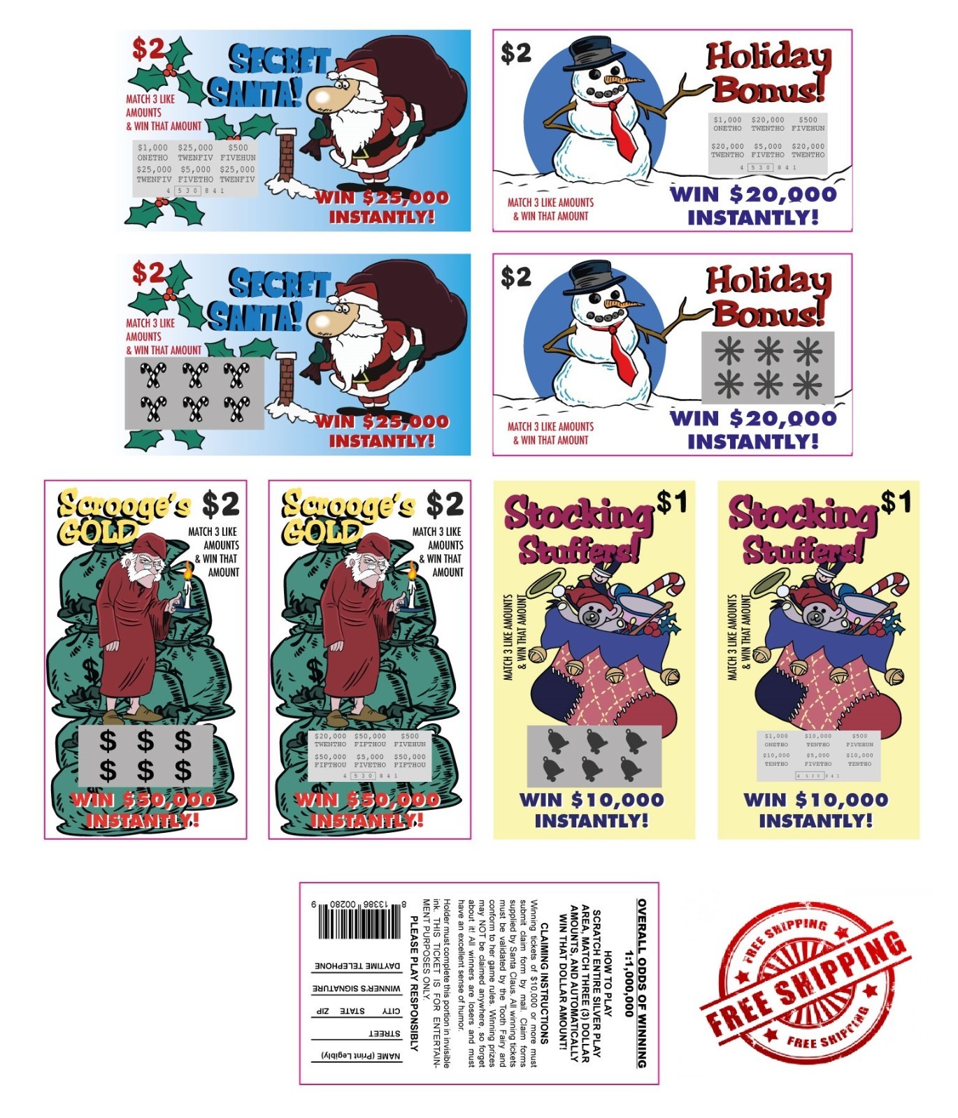 4 Fake Lottery Tickets Christmas designs 4 Assorted Designs Free Shipping