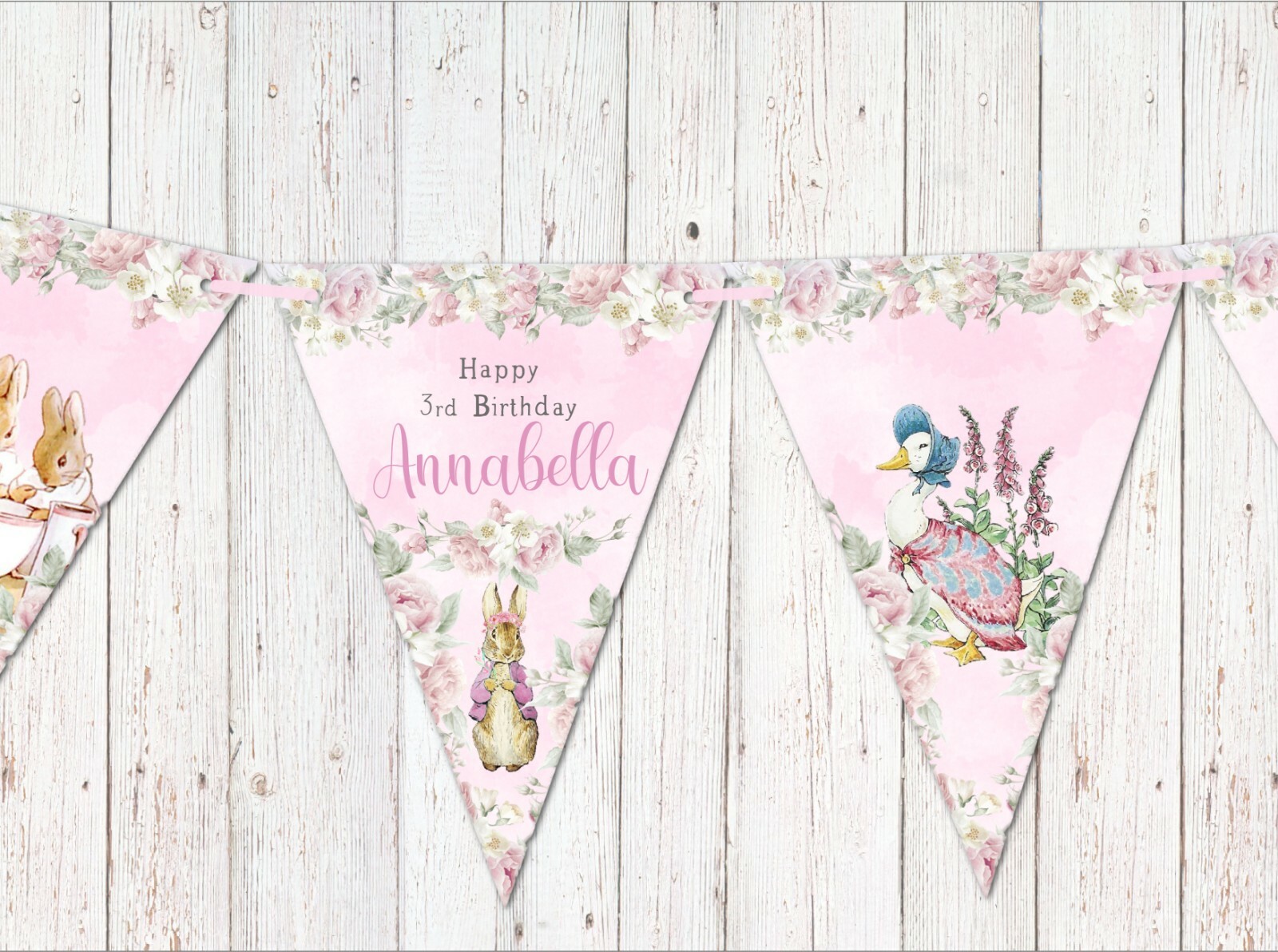 Personalised Pink Beatrix Potter Flopsy Bunny Peter Rabbit Bunting -Any Occasion