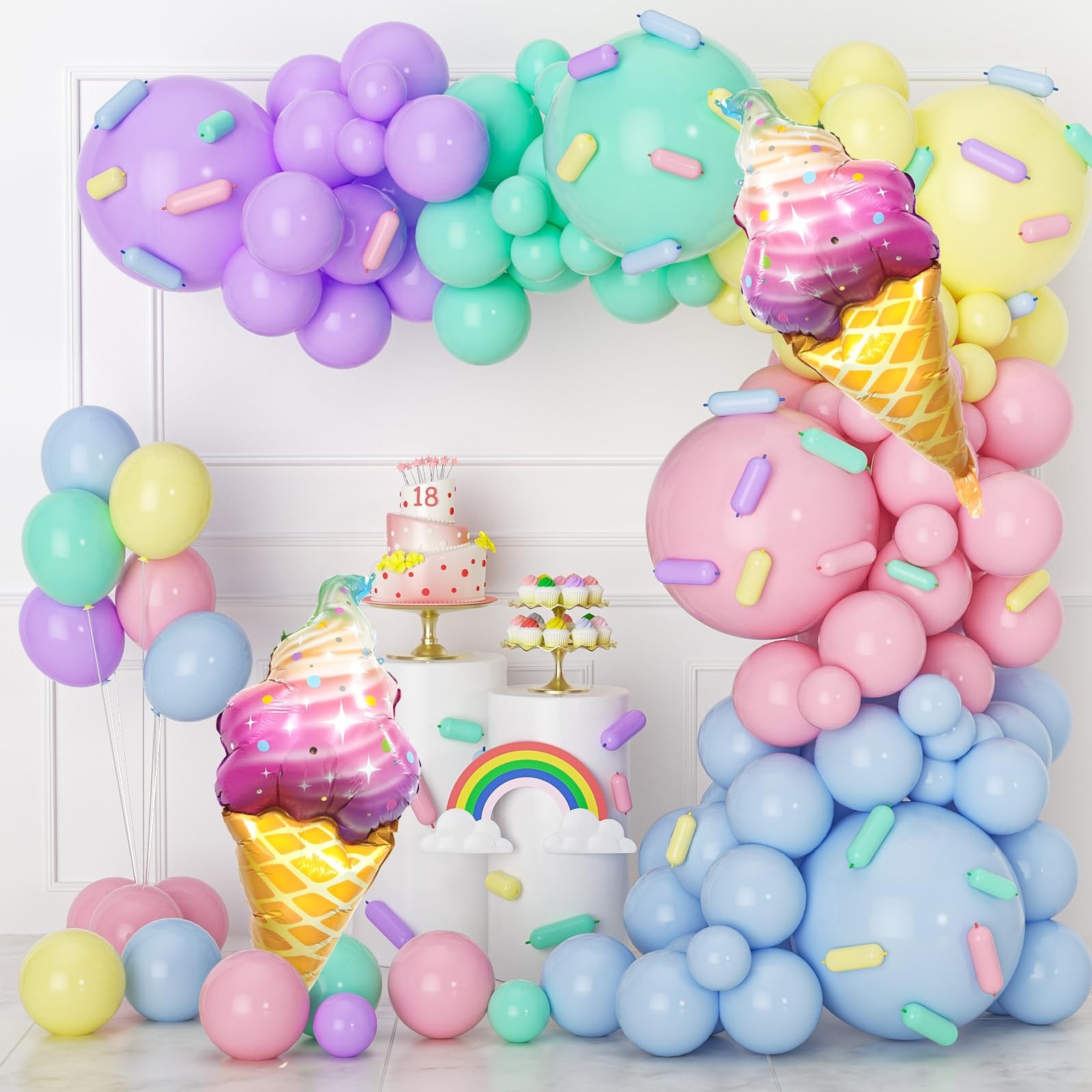 Ice Cream Balloon Arch Kit – 142pcs Pastel Balloon Garland Set with 37″ Ice C…