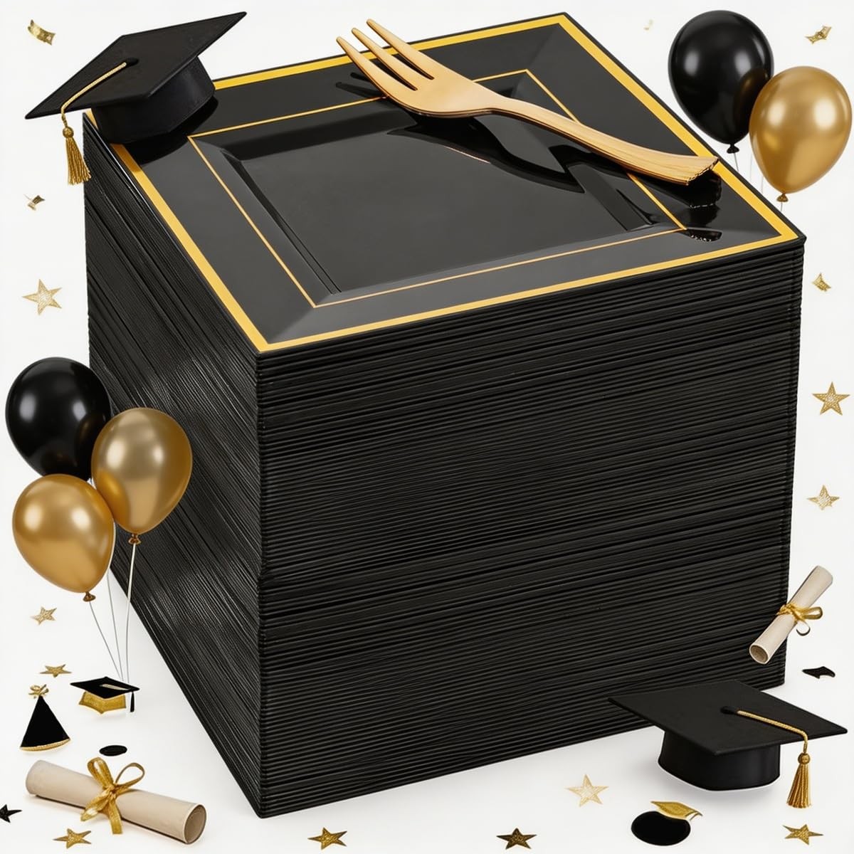 200PCS Black and Gold Plastic Dessert Plates with Plastic Forks -6’’ 100 Squa…