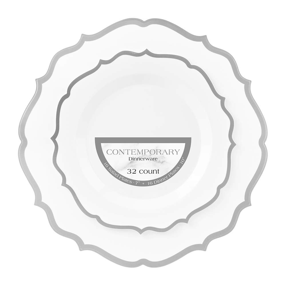 Contemporary Silver Plate Combo, 32-Pack – Includes 16 Lunch Plates (7.5″) & 16
