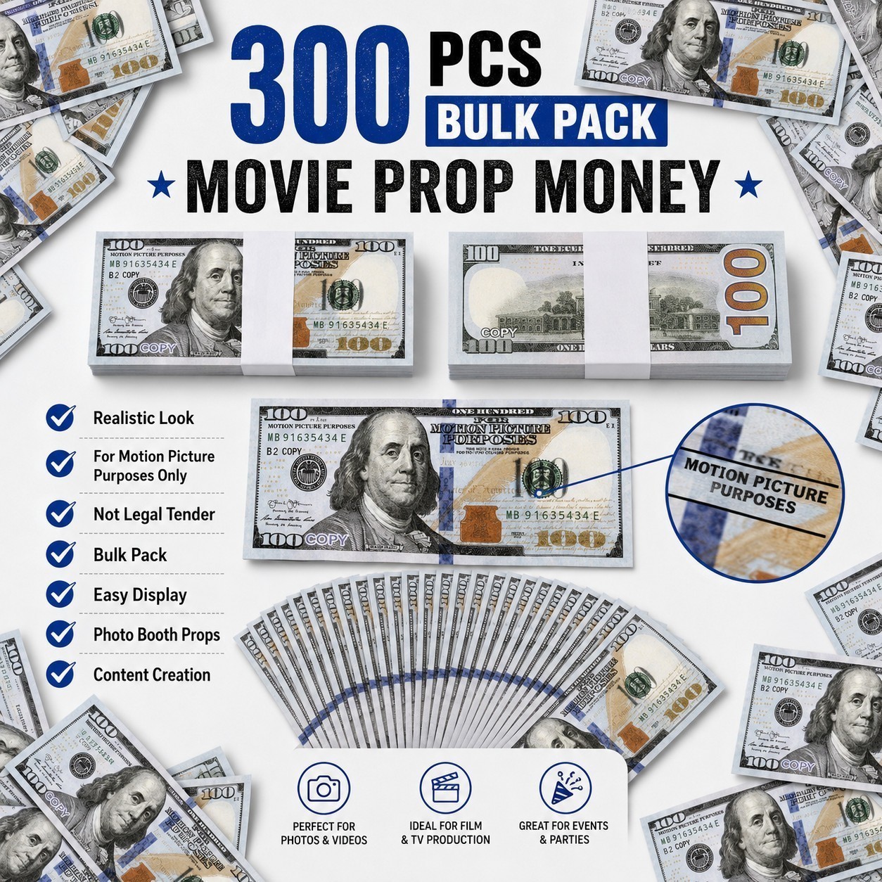 300PCS $100 Bills Prop Replica Money for Movies Parties Tik Tok Instagram Fake