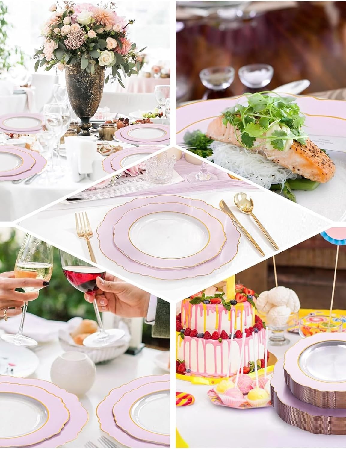60Pcs Pink Plates Disposable with Gold Rim – Baroque Clear Pink and Gold Plas…