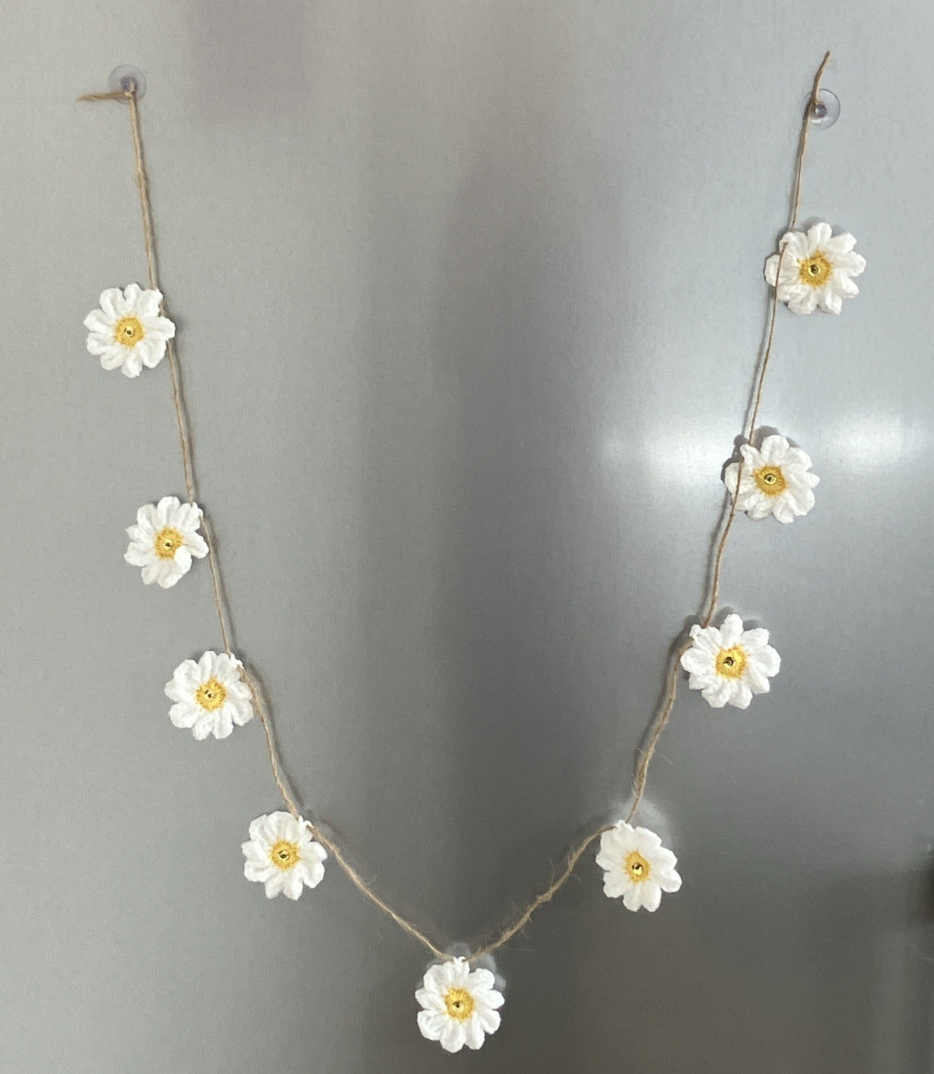 🌼 NEW Hand Crochet daisy Jute Rustic Bunting sequin camper Gift