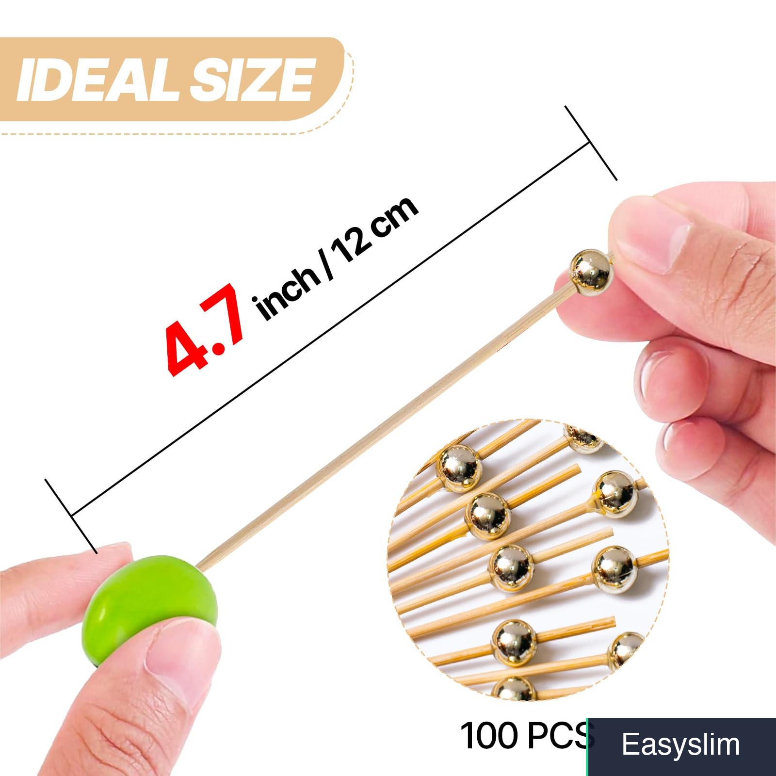 Gold Pearl Bamboo Cocktail Picks 4.7 Inch 100 Pack Party Appetizer Toothpicks