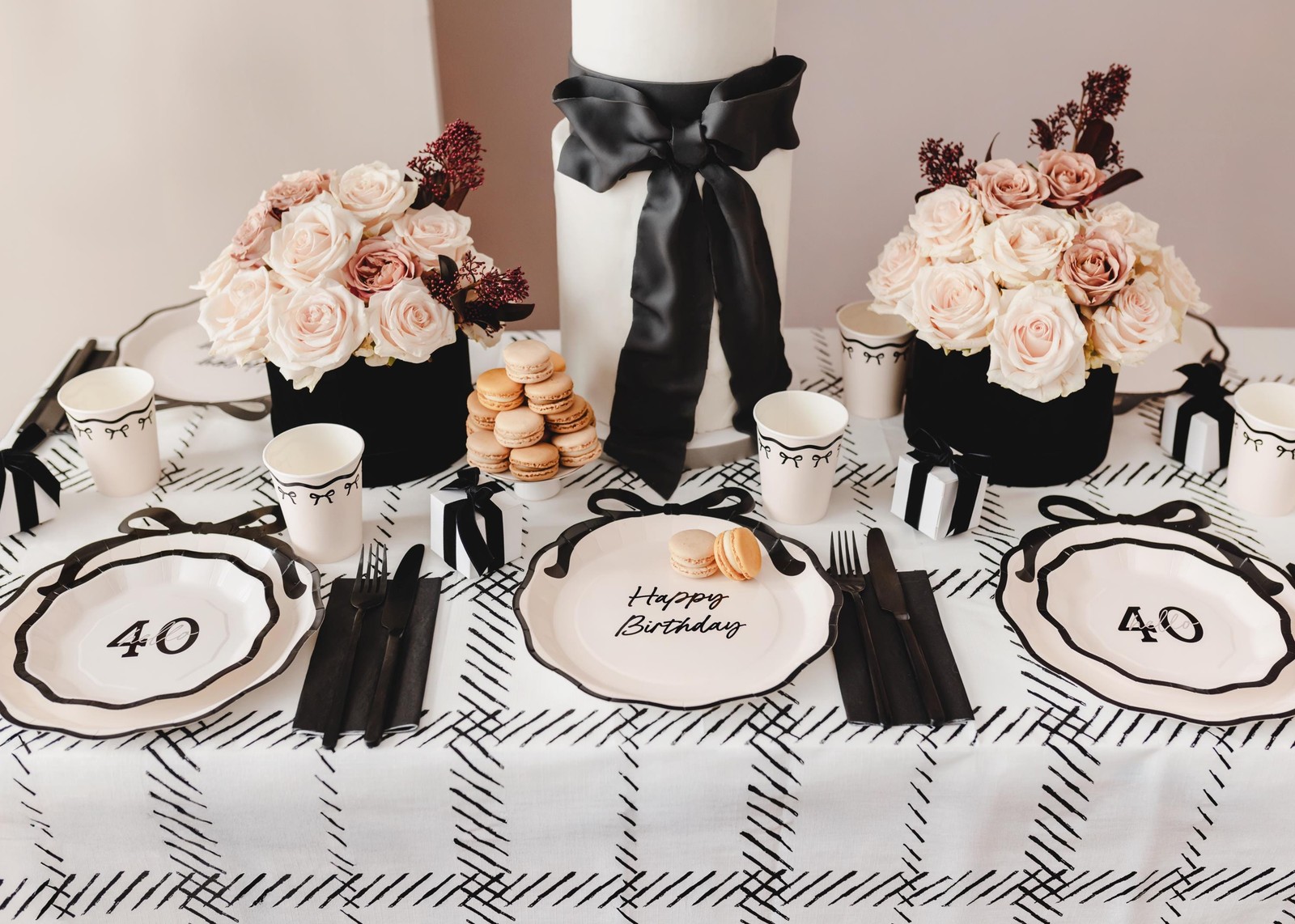 Cream & Black Bow Disposable Tablecloth – Elegant Coquette Style Table Cover 180
