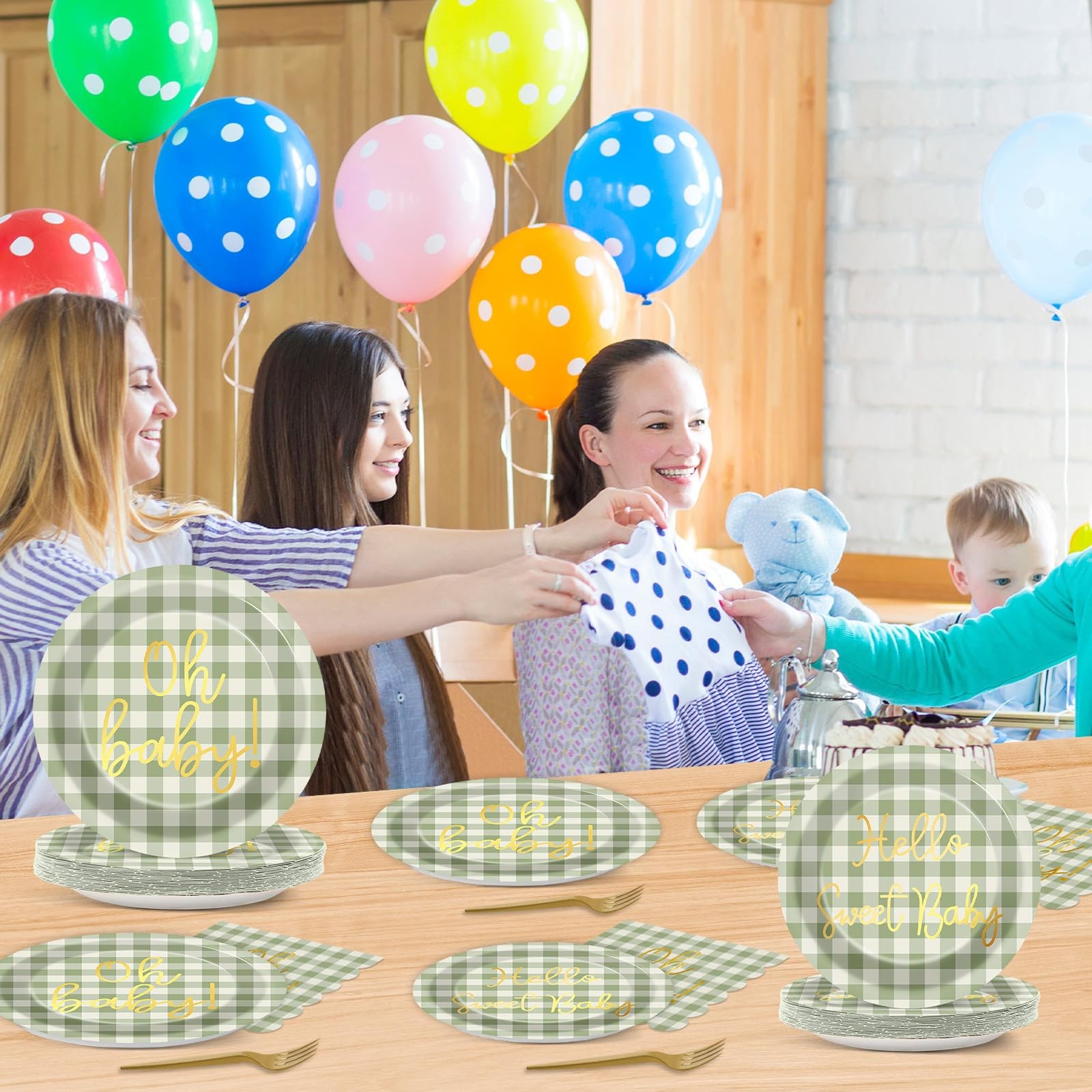 96PCS Sage Green Baby Shower Decorations Gold Sage Green Checkered Plates Sca…