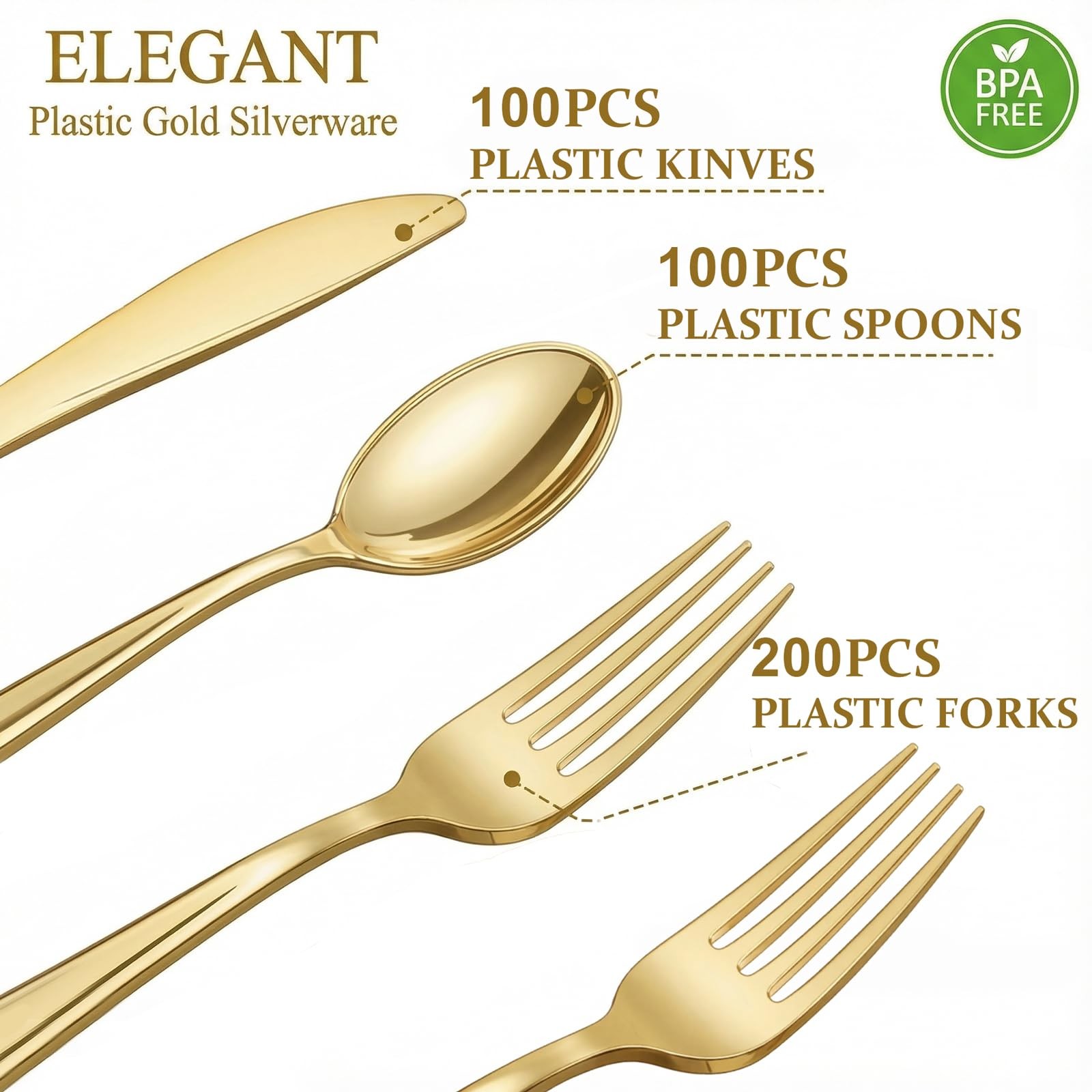 400PCS Gold Plastic Silverware – Gold Plastic Cutlery Include 200 Forks, 100 …