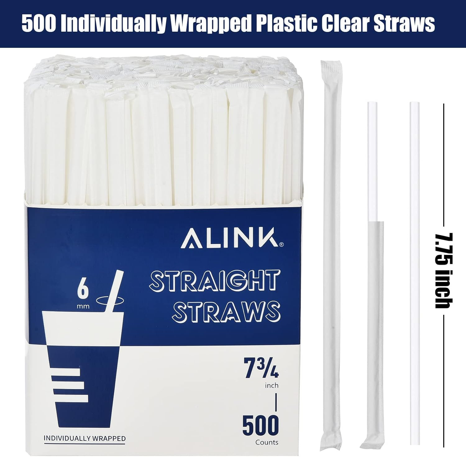 500-Pack Clear Plastic Drinking Straws, Individually Wrapped Plastic Disposable