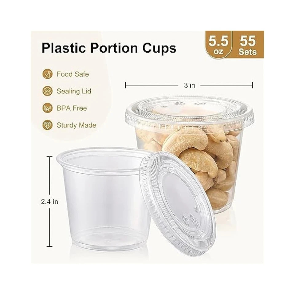 5.5oz Plastic Clear Portion Cups with Lids Pack of 100 for Sauce Cup BPA Free