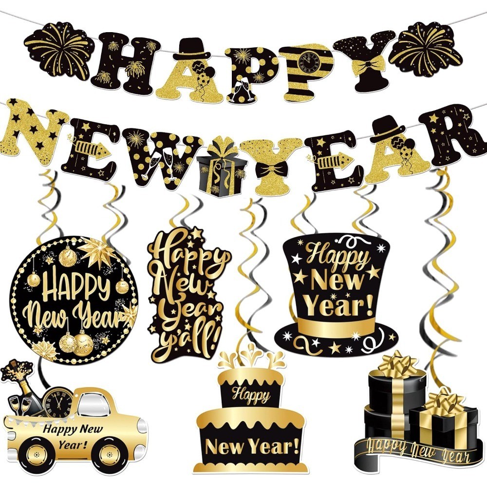 Happy New Year Banner 2026 with New Hanging Decorations Happy New Year