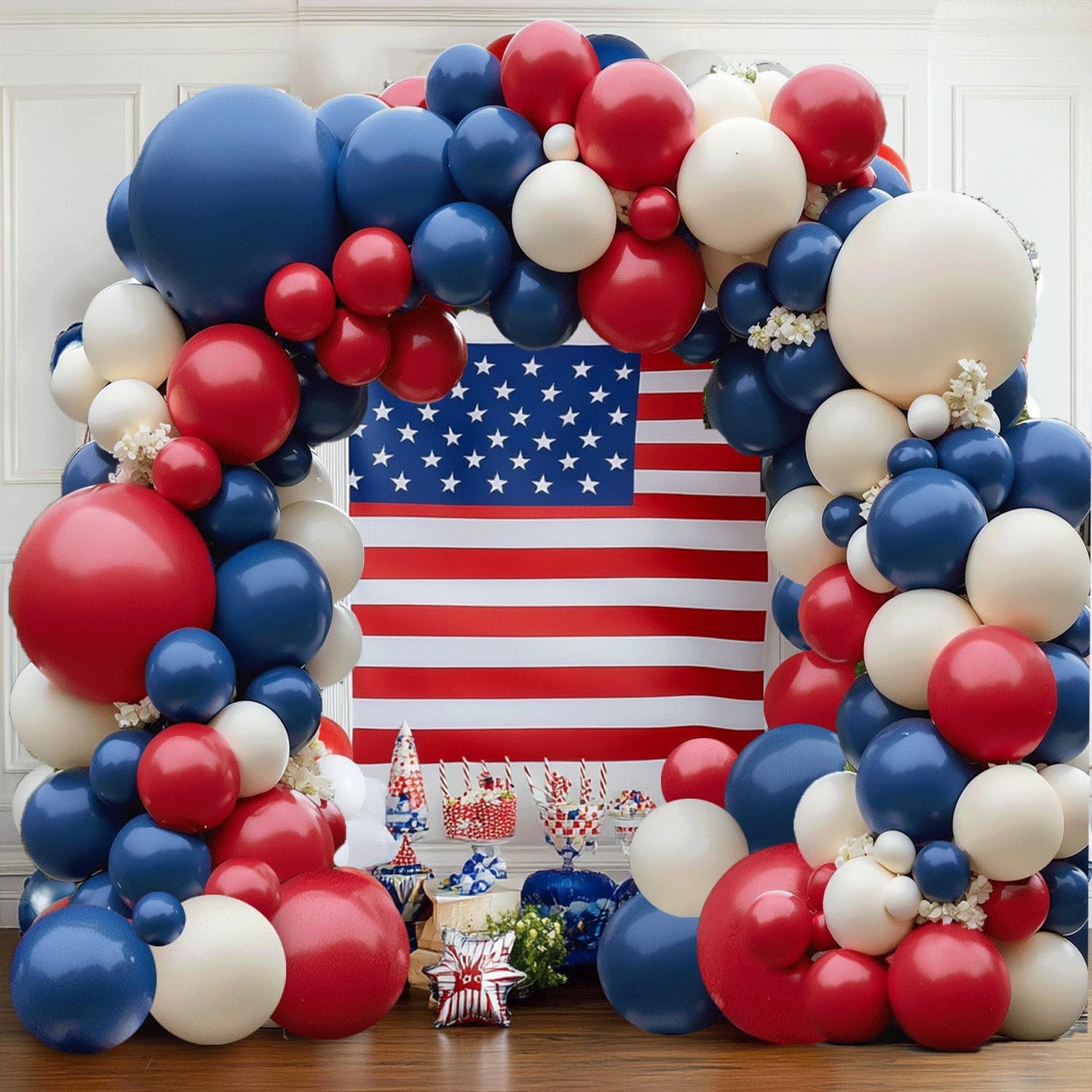 Red White Blue Balloons Arch Kit, Double Stuffed Dark Ruby Red Navy Blue Ivory W