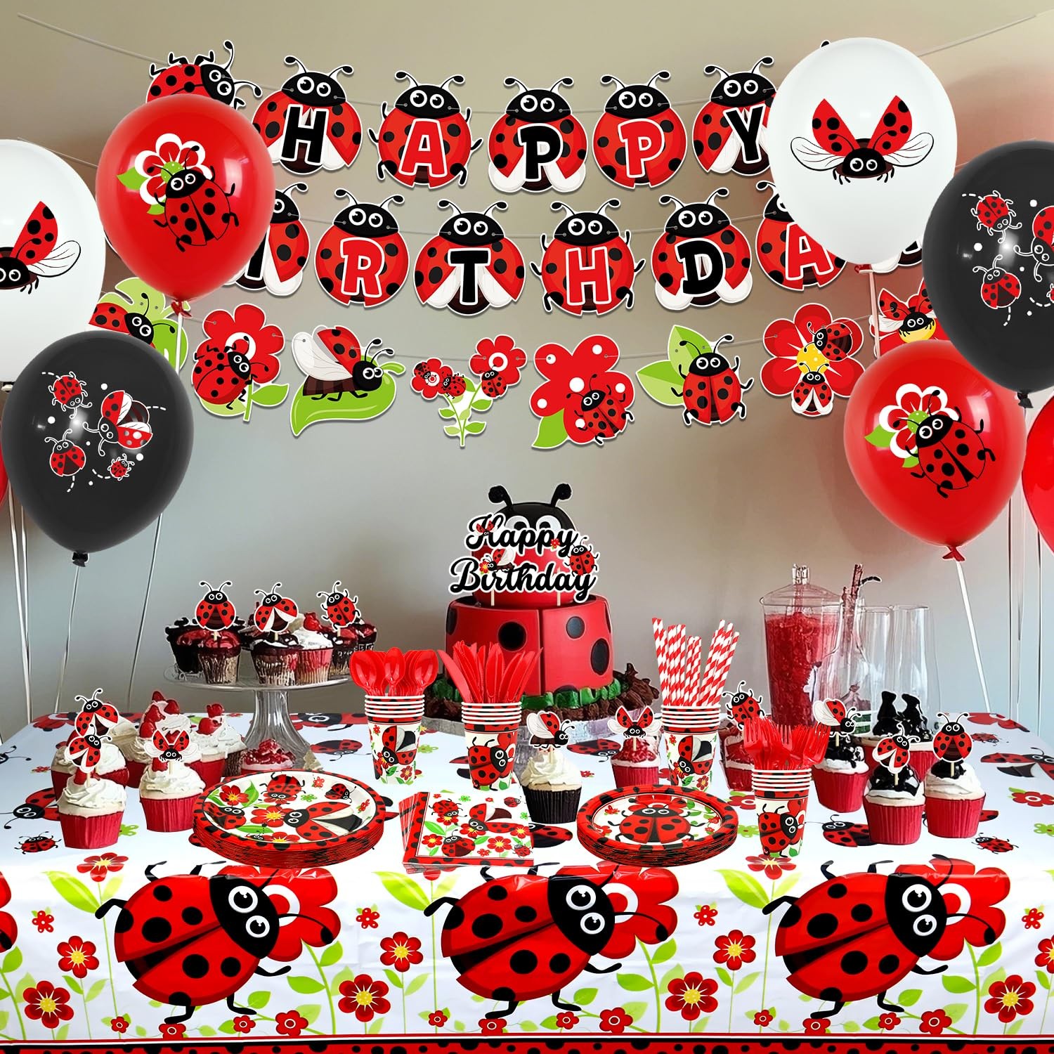 Ladybug Birthday Decorations – Serves 20, Plates Cups Napkins Tablecloth