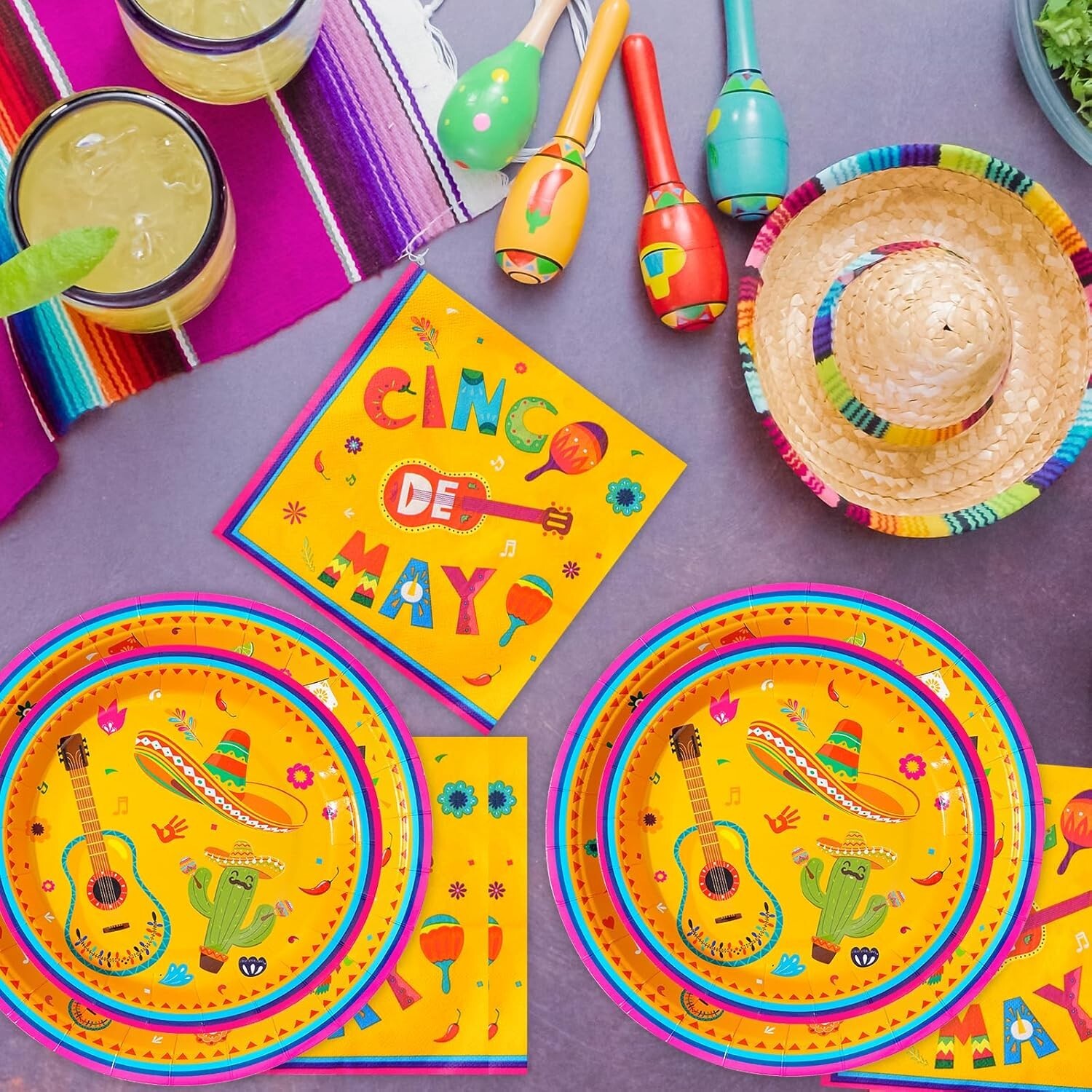 Fiesta Spanish Mexican Disposable Contemporary Multicolor Set (Plates, Napkins)
