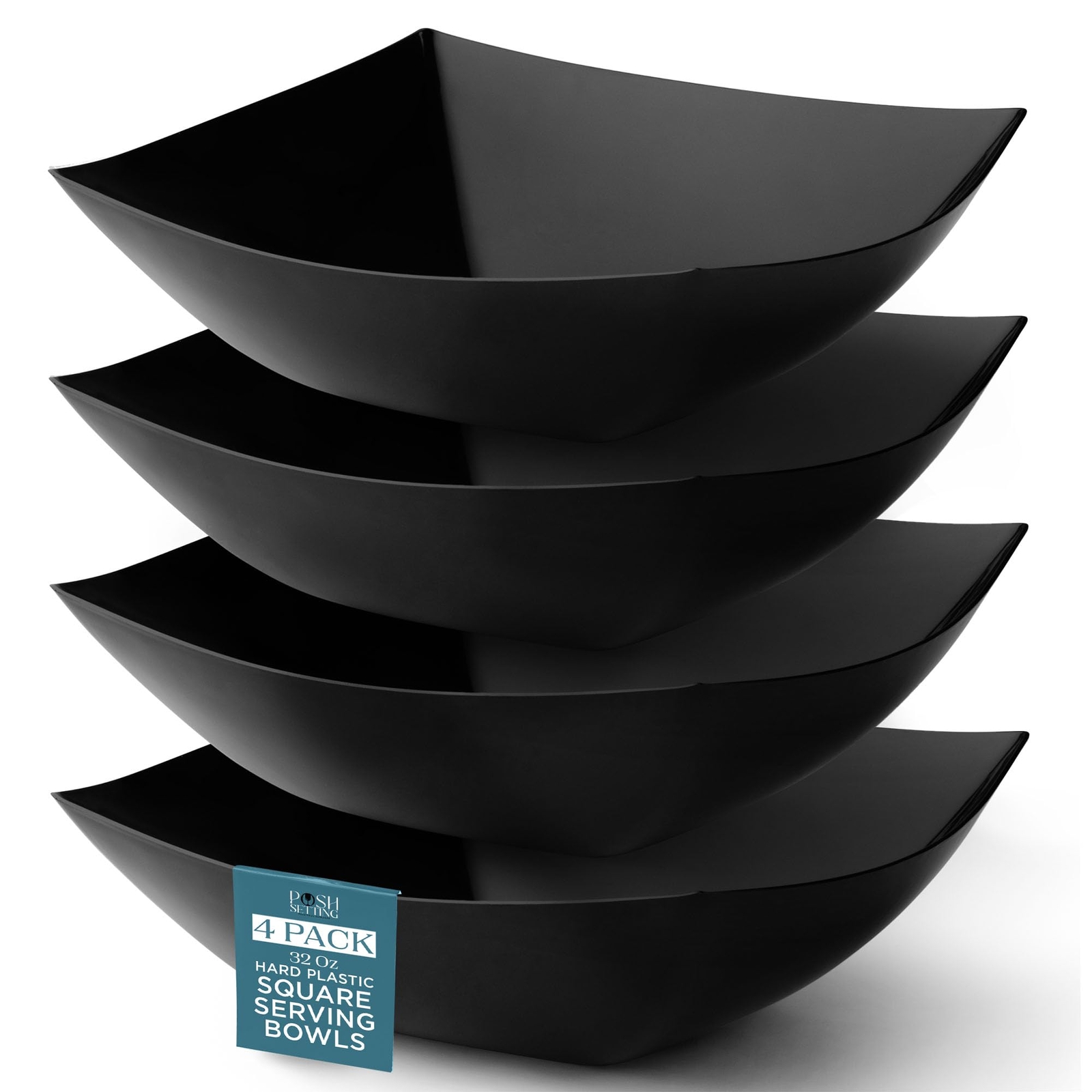 Black Plastic Serving Bowls For Party 32oz 4 Pack Square Bowls Disposable Chip