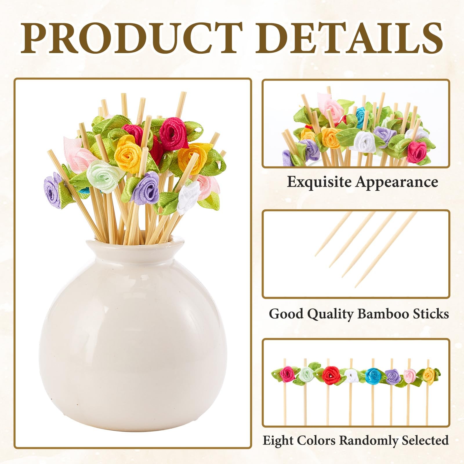 100 Counts Rose Flower Cocktail Picks 4.7 Inch Multicolor Cute Bamboo Toothpi…