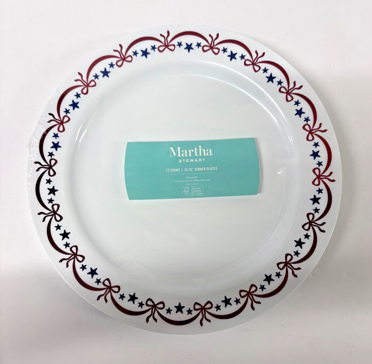 12 pk Martha Stewart Patriotic Red, White & Blue Disposable Dinner Plates 10.25″