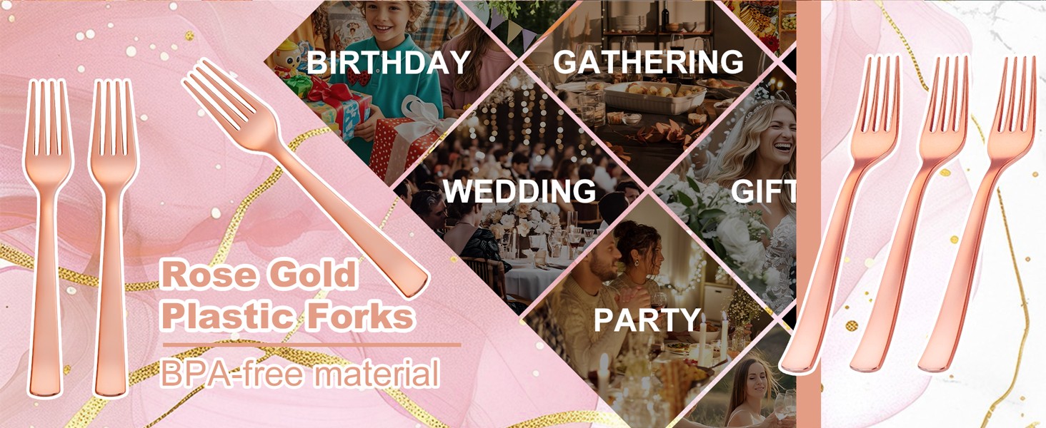 50PCS Rose Gold Plastic Forks – Heavy Duty Plastic Forks – Solid Durable Rose