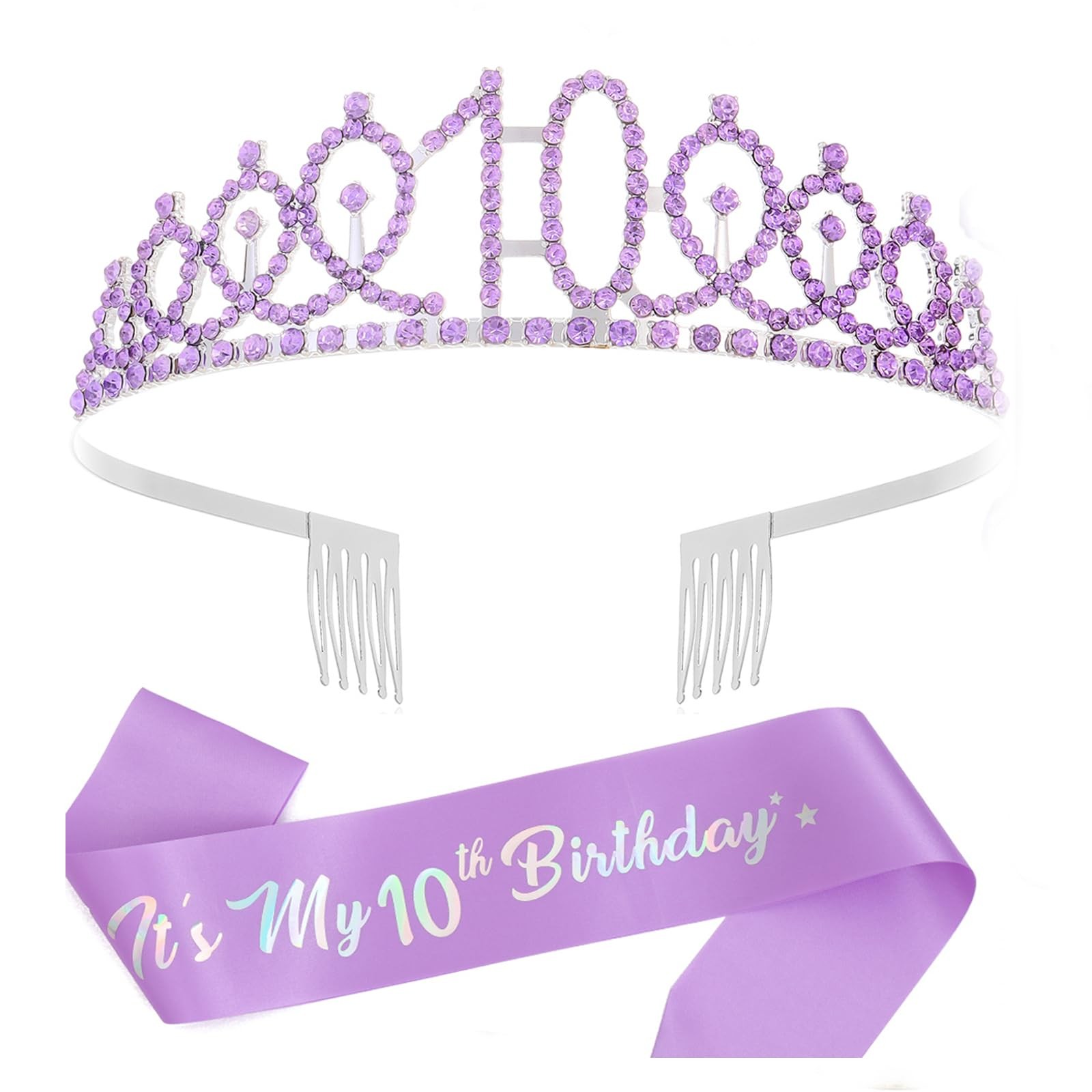 10th Birthday Decorations for Girls,Purple Headband & Glitter Sash Set for 10…
