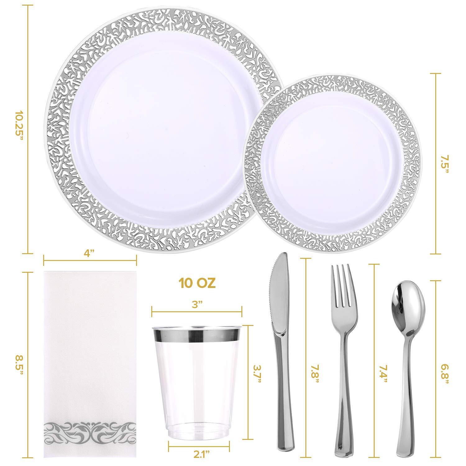 175 Silver Dinnerware Set For 25 Guests White Plastic Plates With Silver Lace Ri