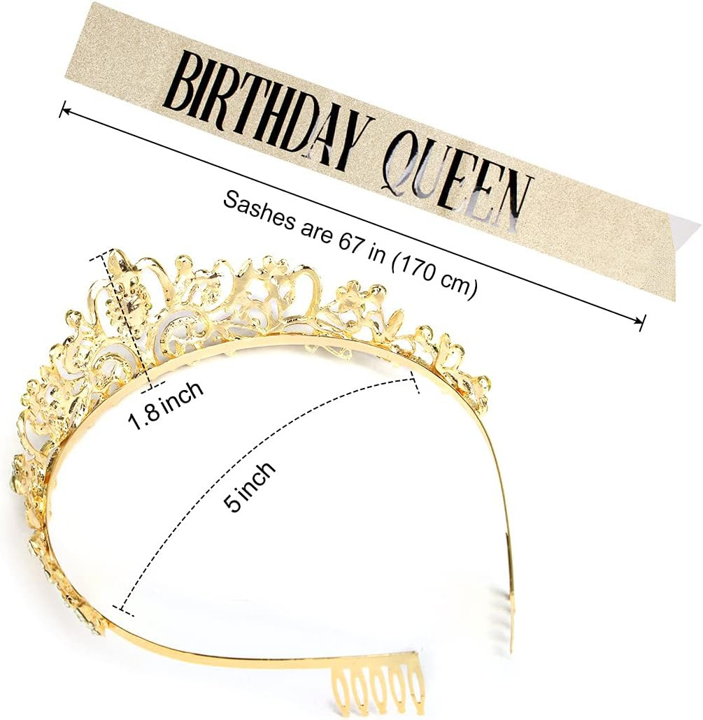 Birthday Queen Sash & Rhinestone Tiara Set Gold Happy Birthday Crowns for Women