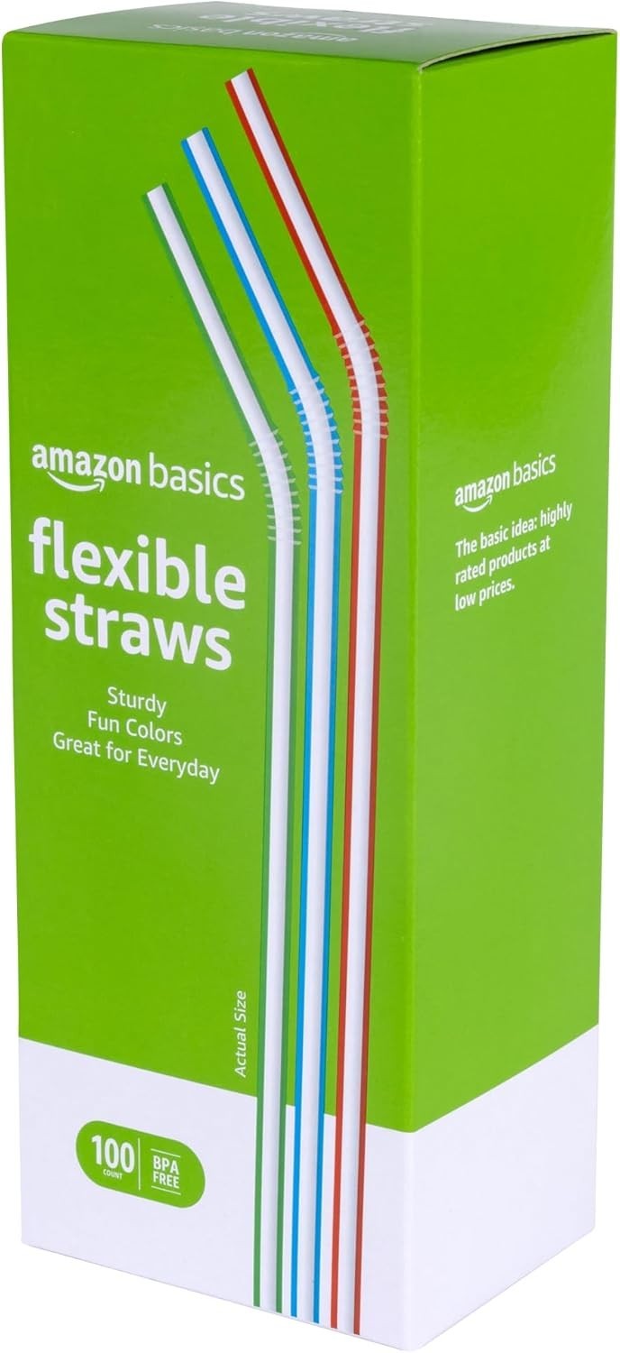 Amazon Basics Disposable Striped Plastic Flex Straws, BPA Free, Food-Safe, 7.5″