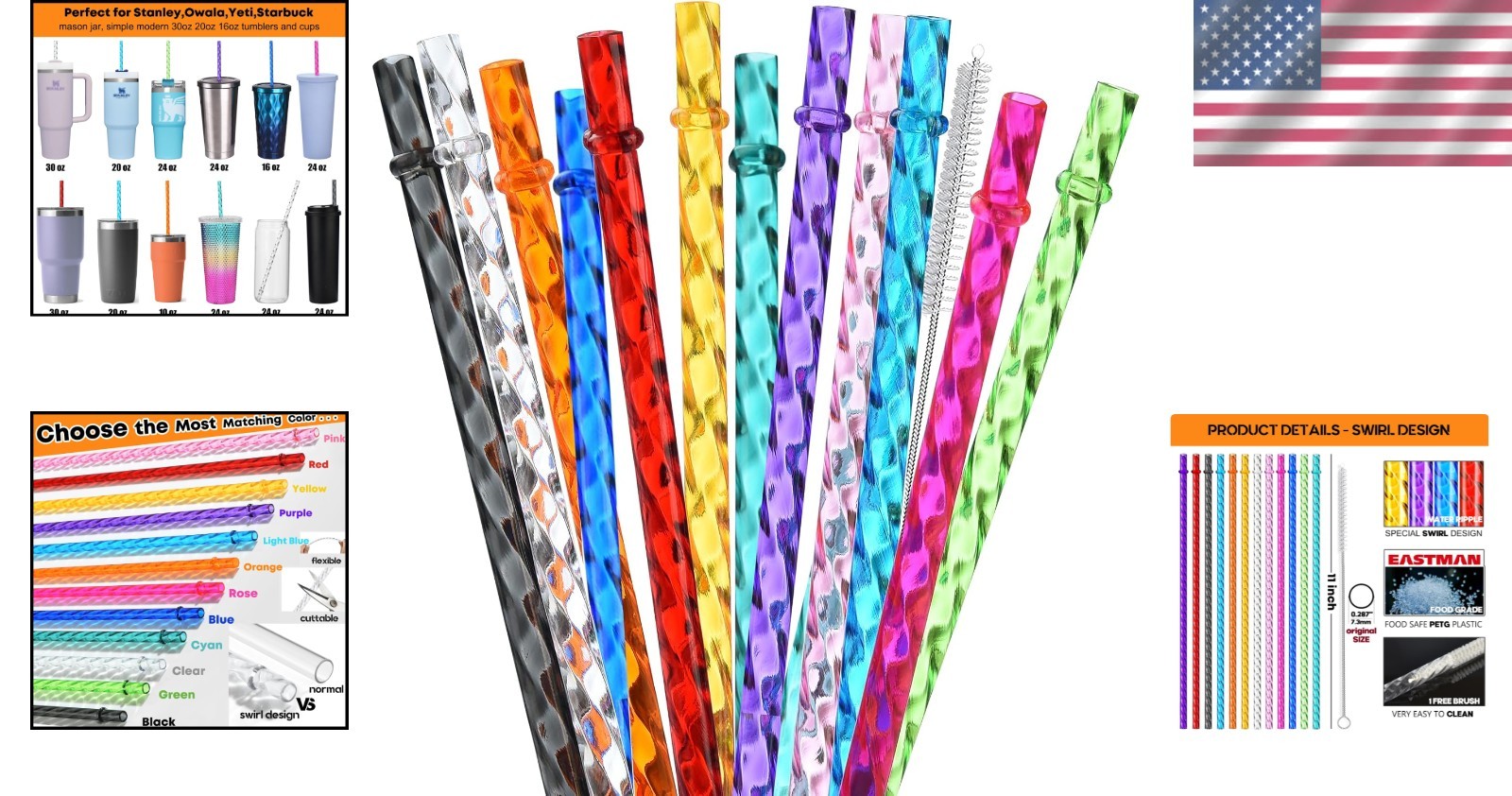 ALINK 12-Pack Reusable Plastic Clear Swirl Straws, 13″ Extra Long Colorful Hard