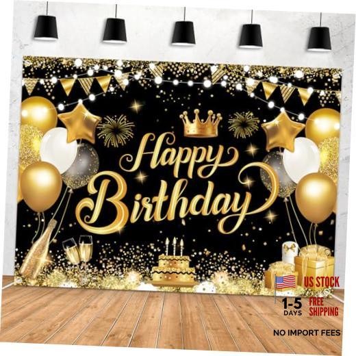 ft Happy Birthday Backdrop Banner – Black Gold Glitter Balloon Theme 7×5