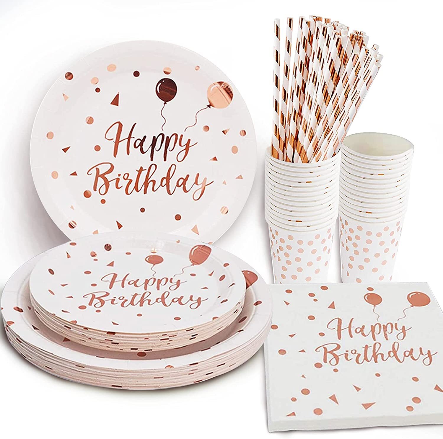 Rose Gold Dots Paper Plates – White & Rose Gold Birthday Party Supplies