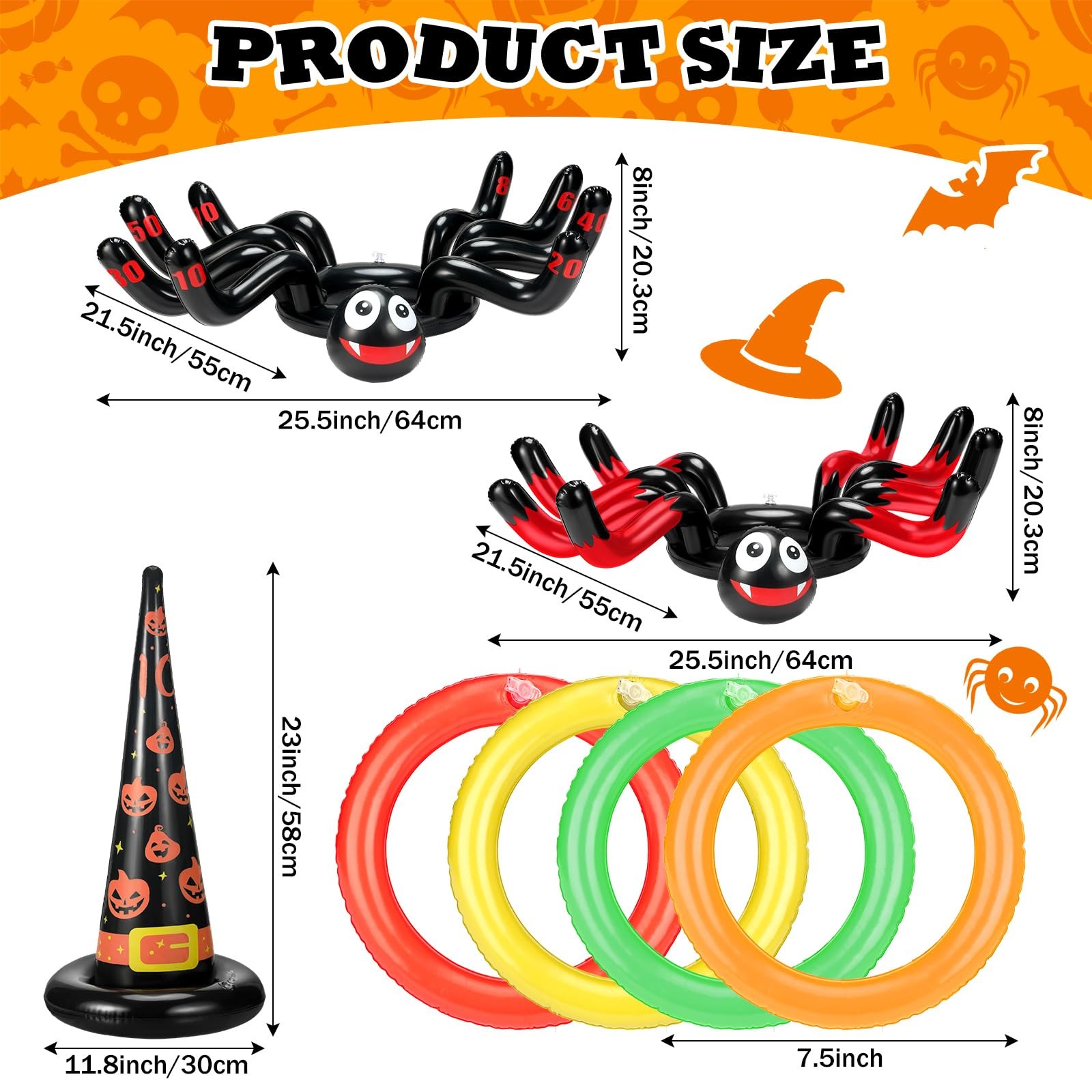 25 Pcs Halloween Ring Toss Game Include 5 Inflatable Witch Hat, 18 Plastic Ri…
