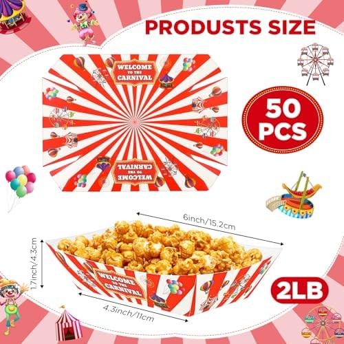 Tenceur 50 Pcs Carnival Paper Food Trays 2lb Carnival Decorations Red and White
