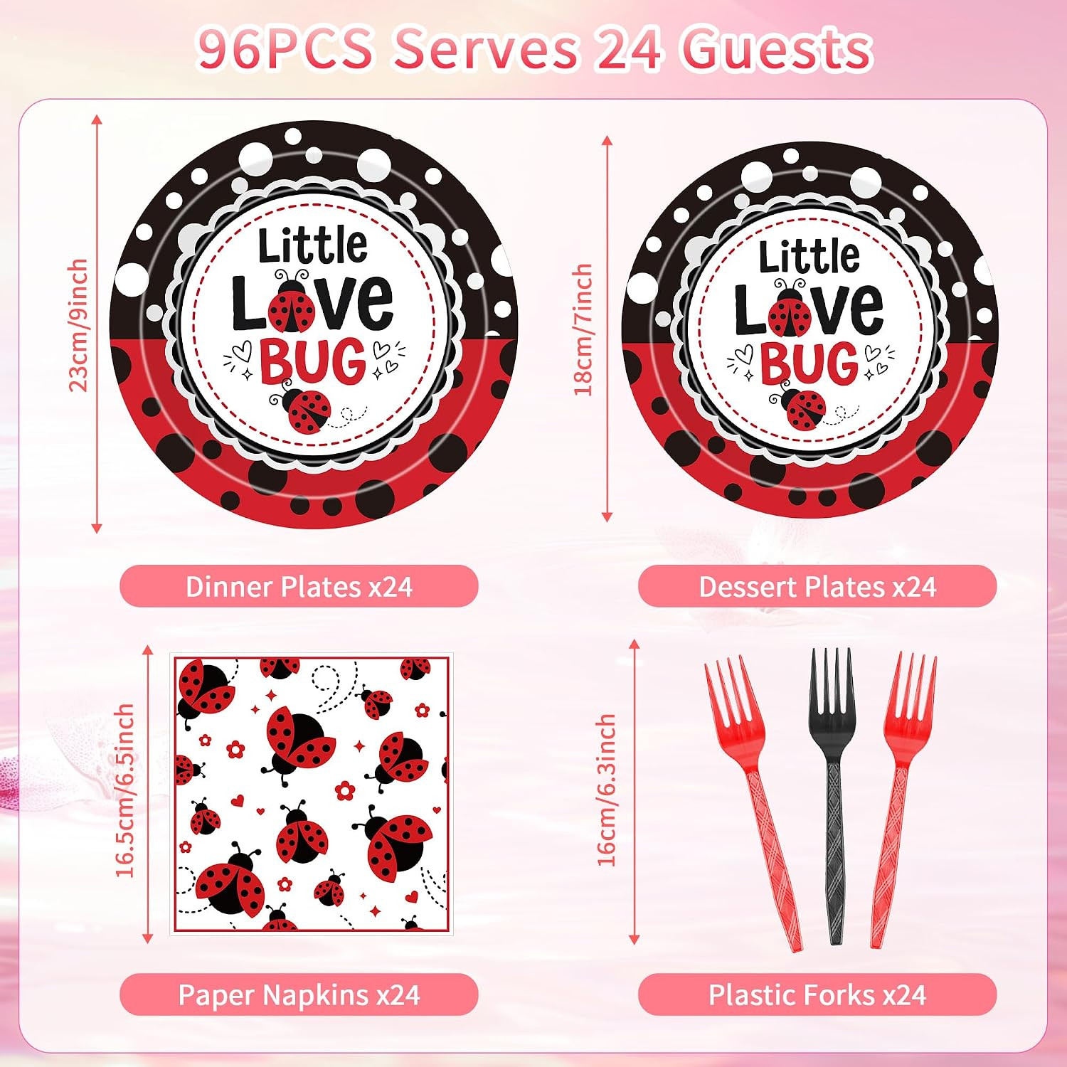 96 Pcs Love Bug Baby Shower Decorations, Lady Bug Tableware Set | Includes Paper