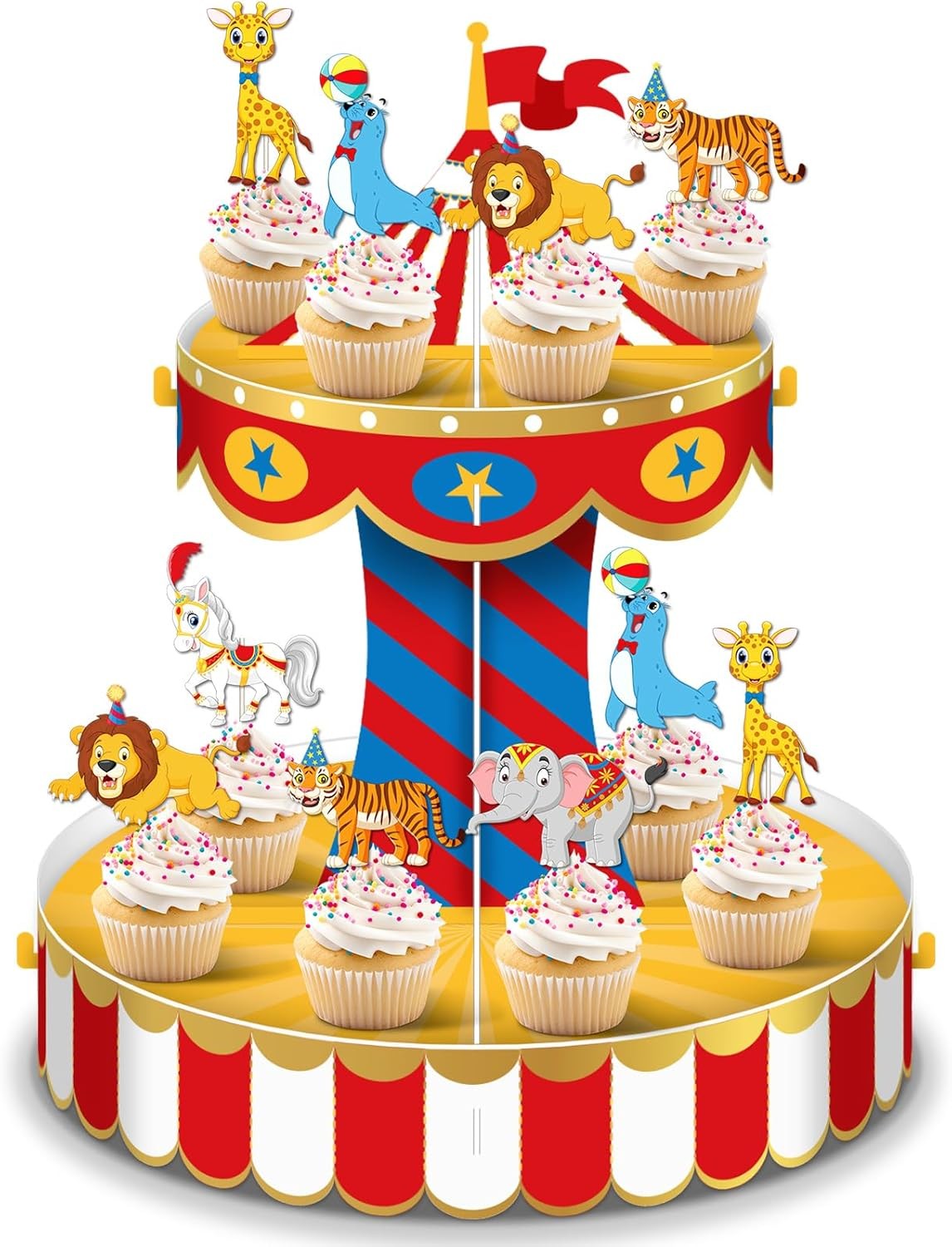 Carnival Circus Cupcake Stand Party Decorations with 24 Cupcake Toppers Circus T