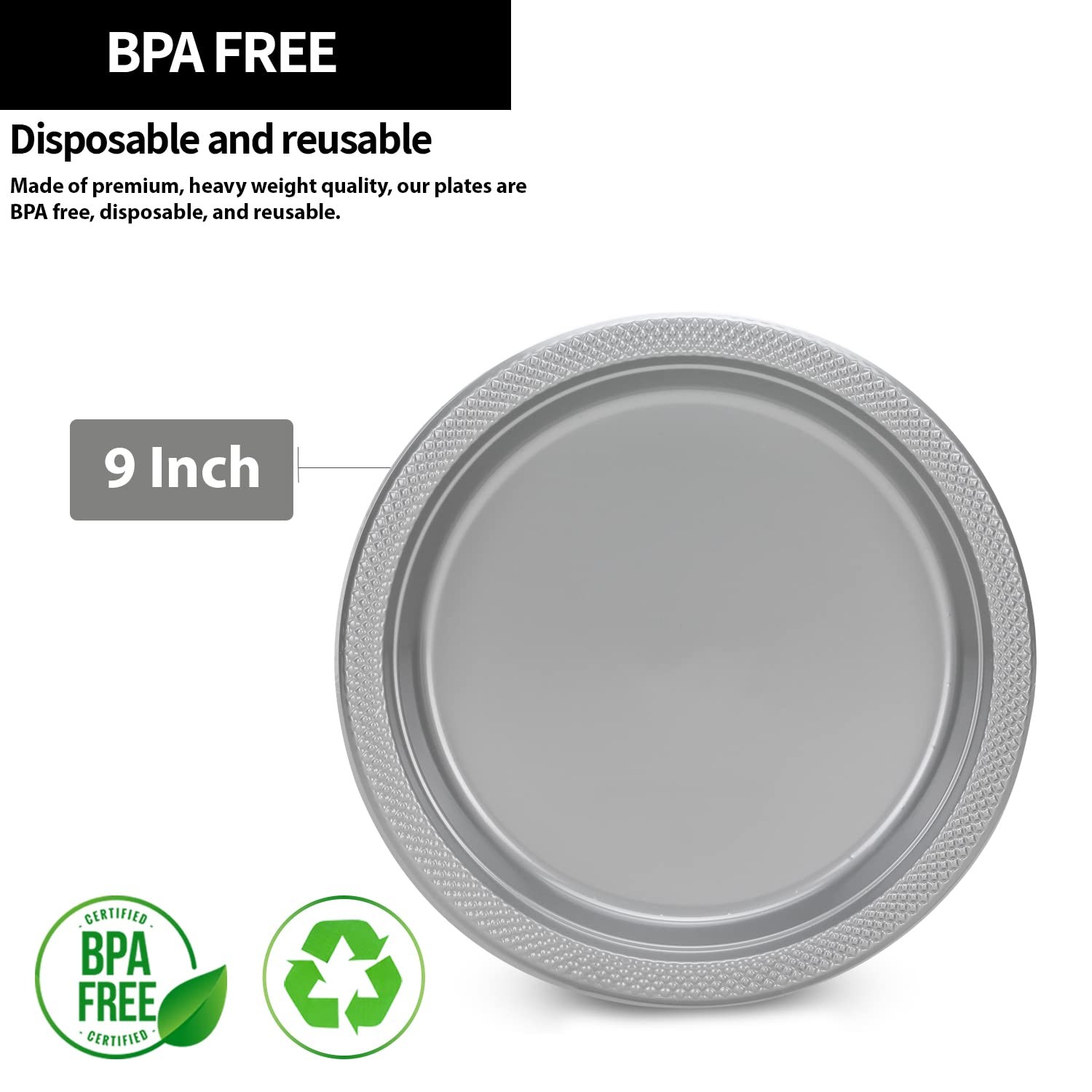 Silver Solid Color Premium Heavy Weight Plastic Dinner Plate (9″) 50 Count – …