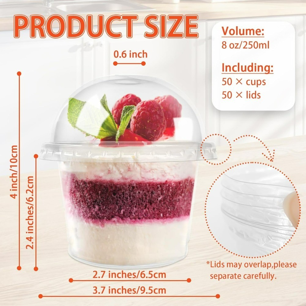 50 Pack 8 oz Clear Plastic Cups with Dome Lids Disposable Dessert Containers for