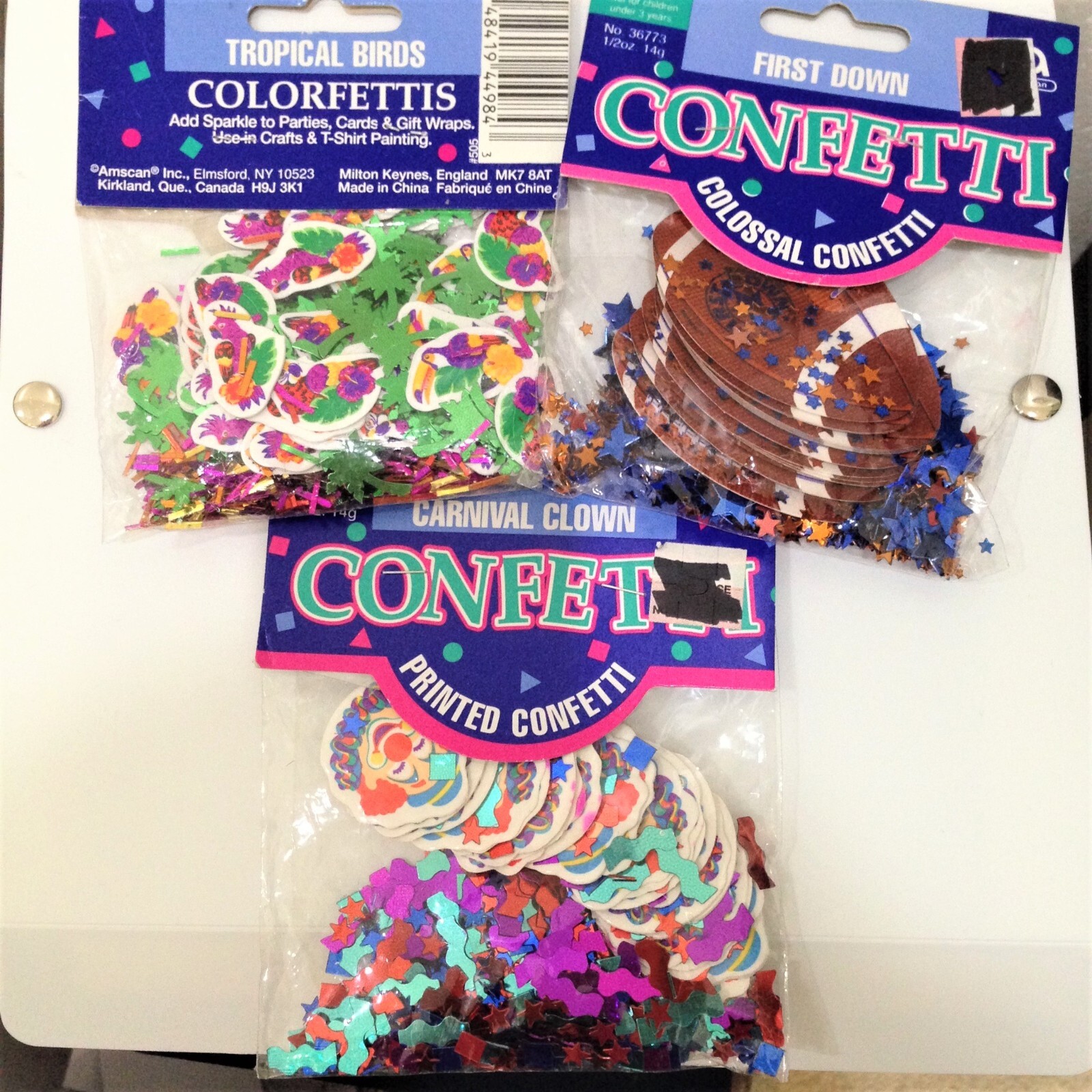 Printed Party Confetti Assortment-Lot of 3 Pkgs-Clown, Football, Tropical Birds