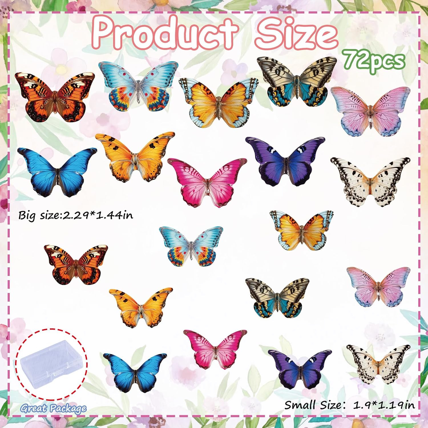 72PCS Edible Butterfly Cupcake Toppers Wafer Paper 3D Butterflies Cake Picks