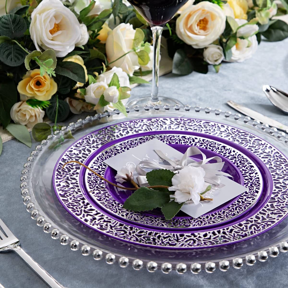 150PCS Purple Silver Plastic Plates with Silver Silverware, Silver Party Supp…