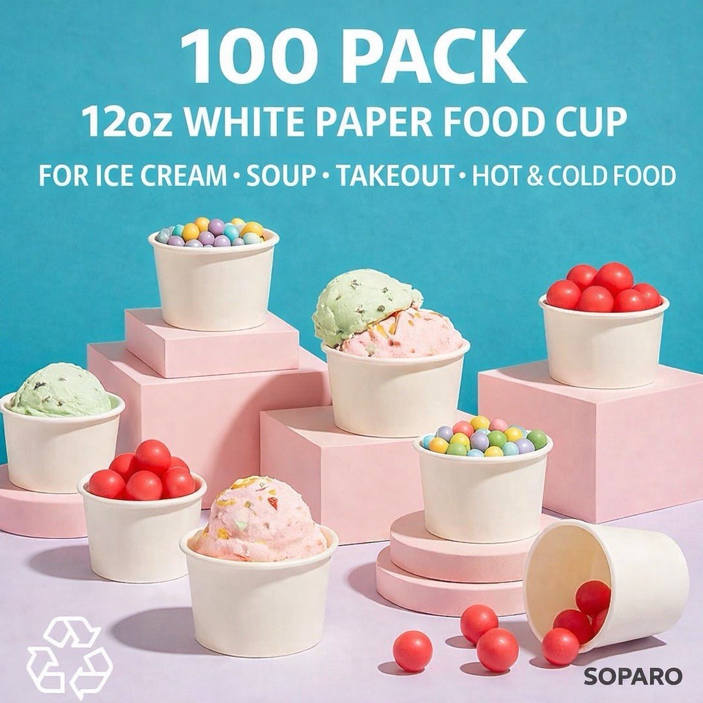 100 Pack 12oz Paper Ice Cream Cups Bulk – Disposable Dessert Yogurt Soup Bowls