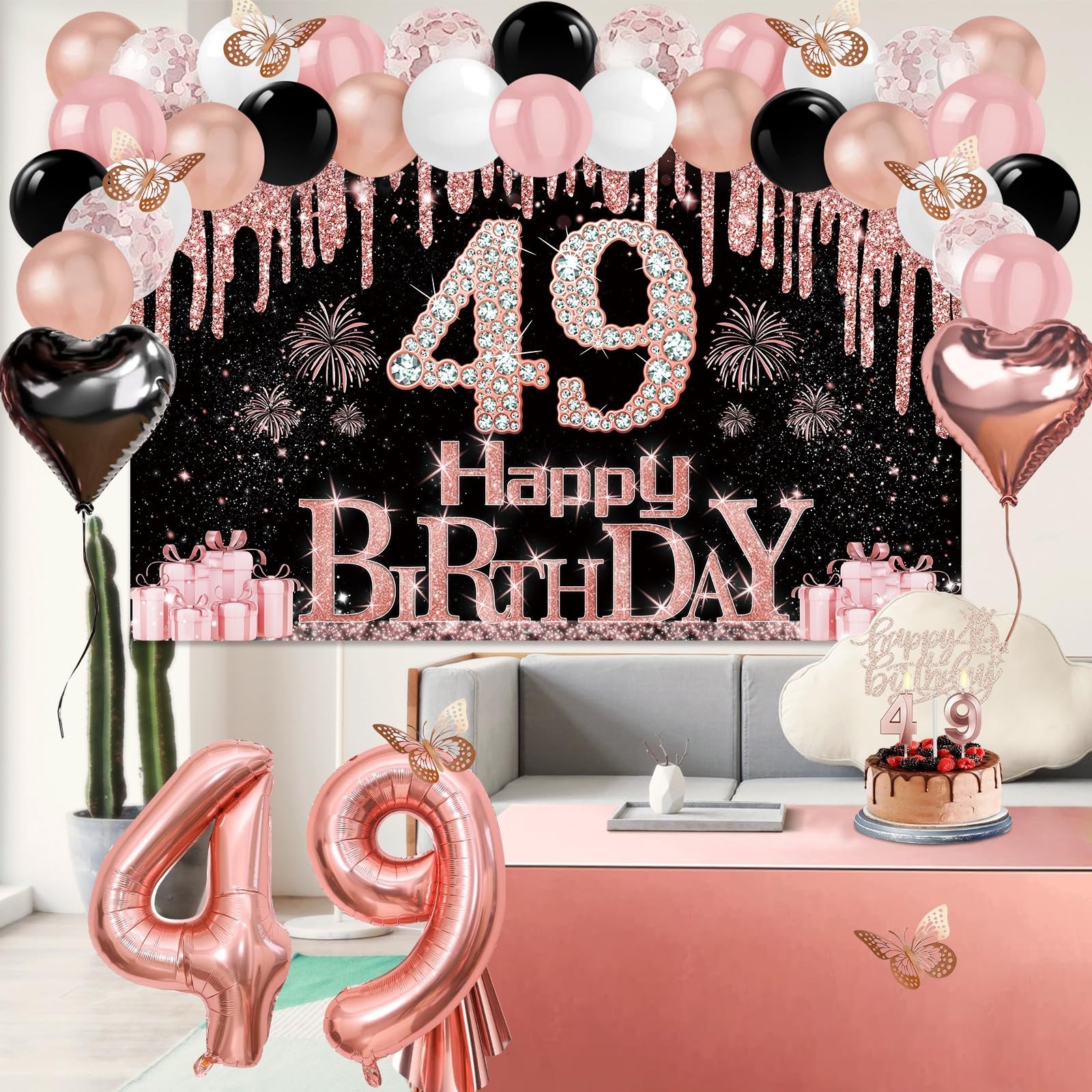 49th Birthday Decorations Set – 49pcs Black & Rose Gold Banner, Sash, Cake Toppe