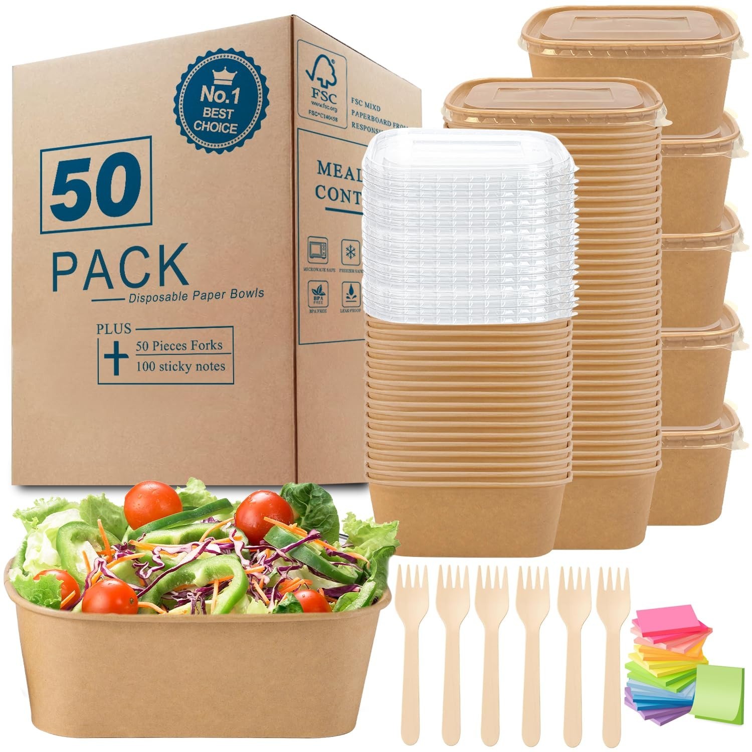 50 Disposable Paper Bowls with Lids – 35oz Meal Prep Containers, 50 Forks & 100