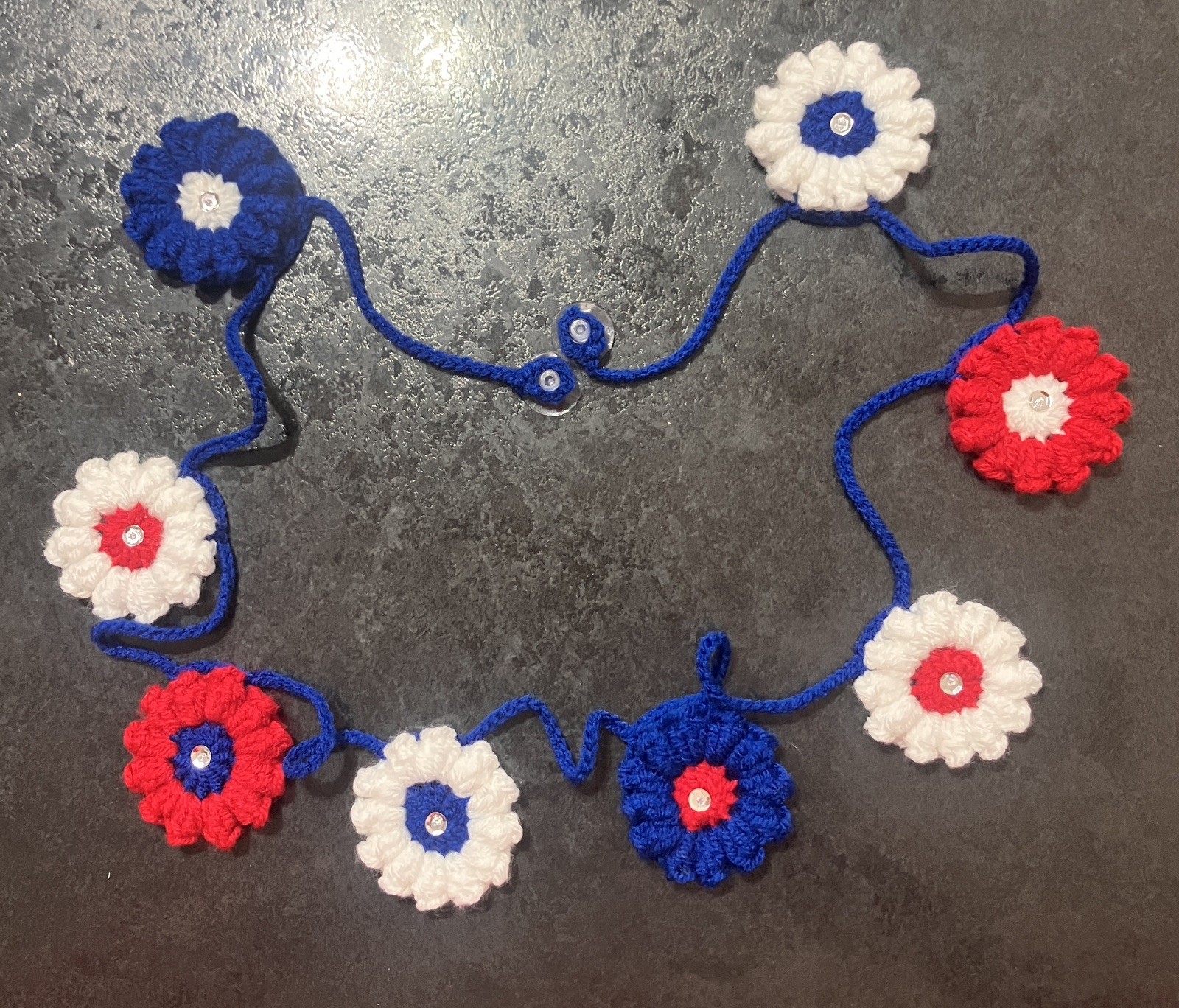 🇬🇧 NEW Hand Crochet red white blue Flowers VE Day patriotic 46” Bunting Gift