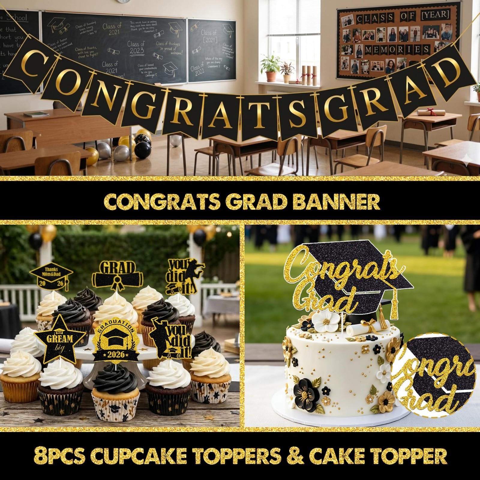 2026 Graduation Party Decorations Kit – Black Gold Congrats Grad Supplies Set, B