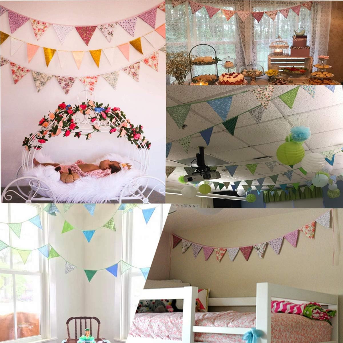10M/32Ft Triangle Bunting Banner, 36 Pcs Cotton Fabric Flags Pennant Garlands