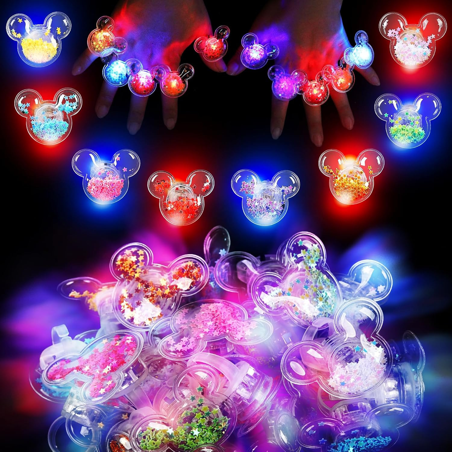 Mouse Party Favors 24 Pcs Glitter Mouse Ear LED Light up Rings Glowing Finger Ri