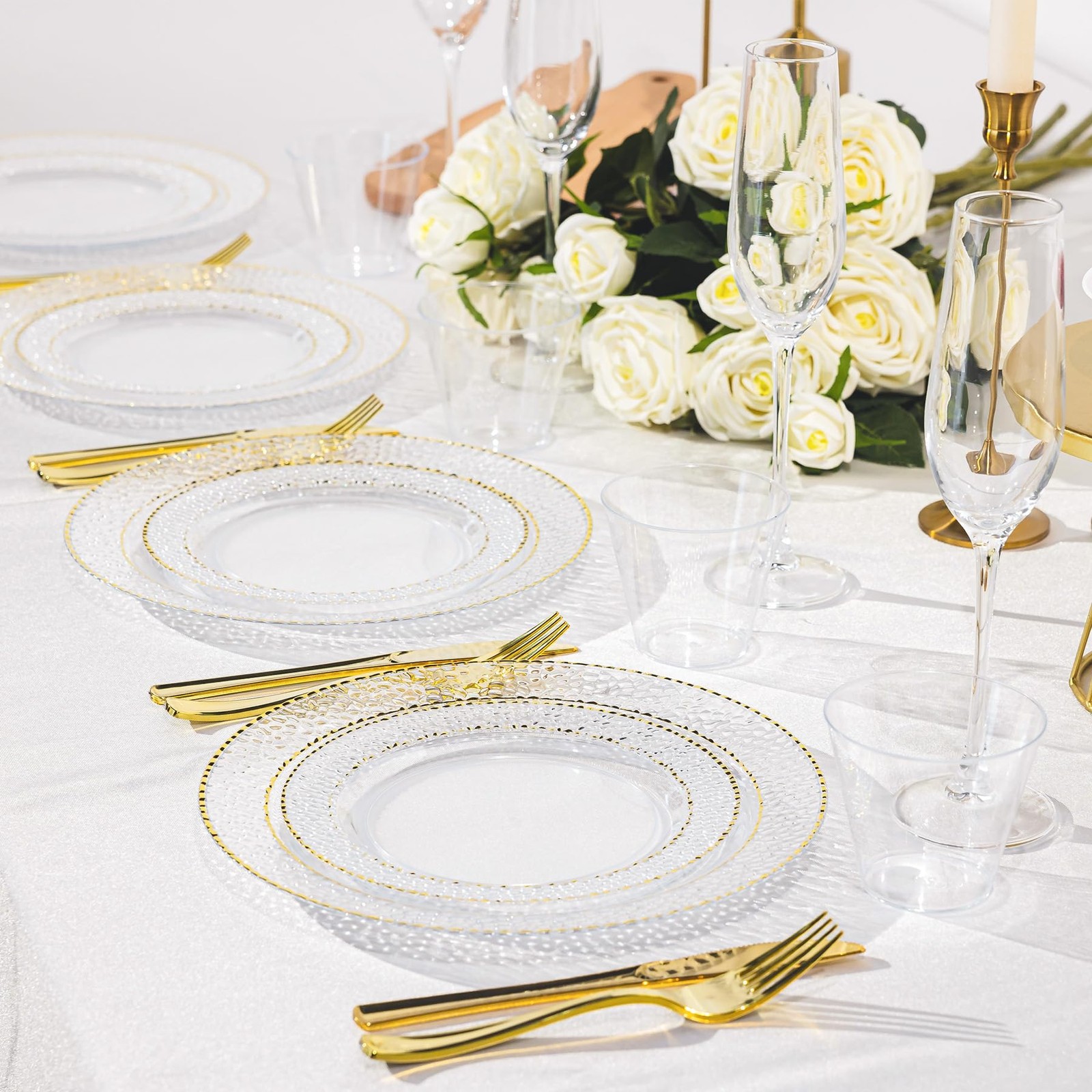 100PCS Clear Plastic Plates, Heavy Duty Disposable Plastic Plate with Gold Ri…