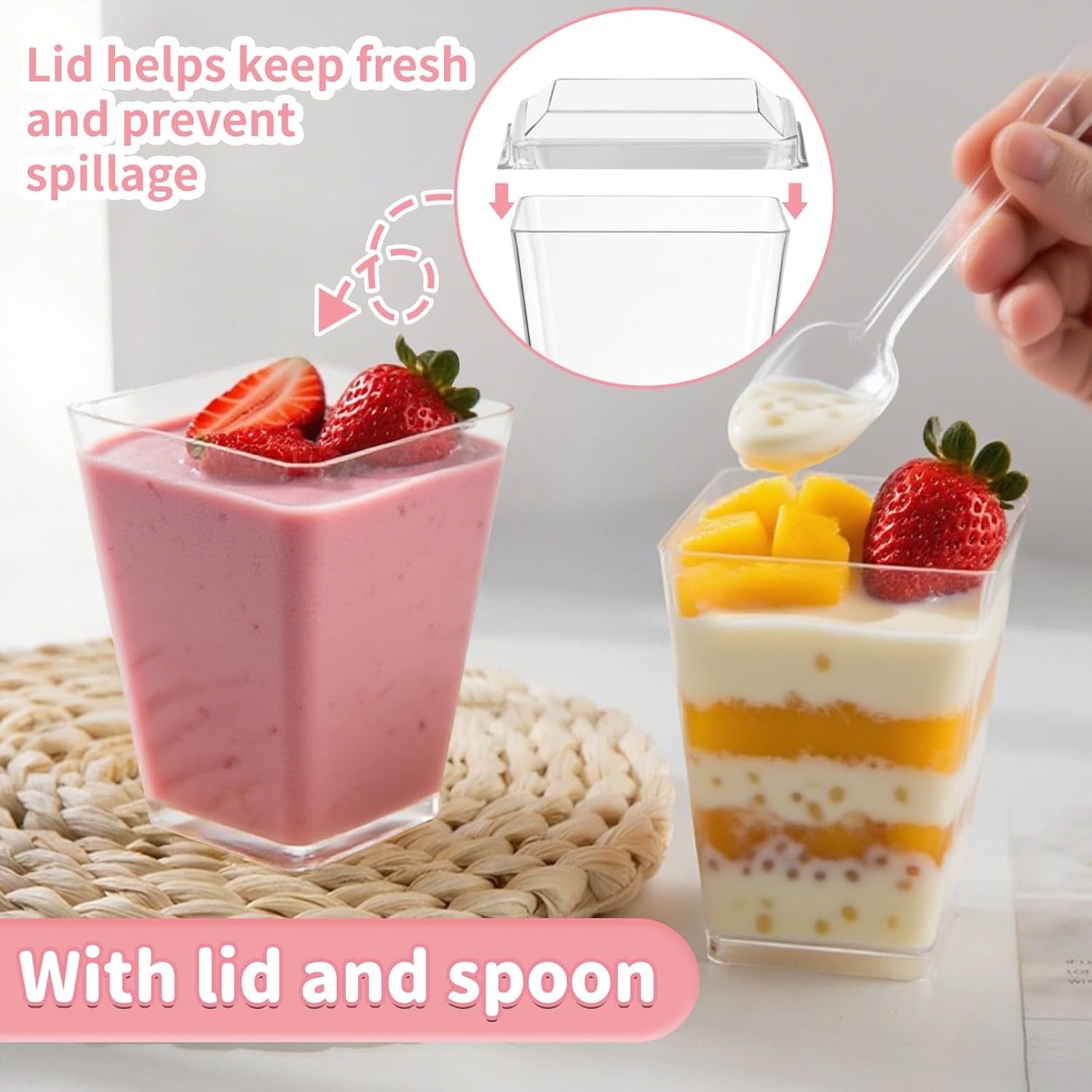 20 Count 5 oz Clear Plastic Dessert Cups with Lids & Spoons for Elegant Parties