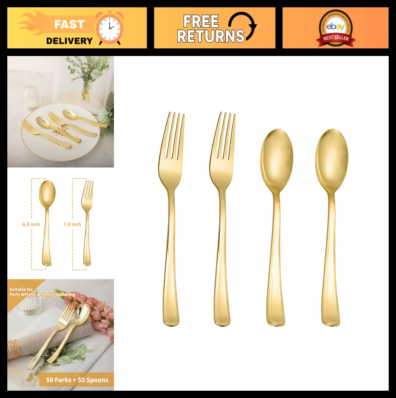 100PCS Heavy Duty Gold Plastic Cutlery Set – 50 Spoons & 50 Forks for Parties, W