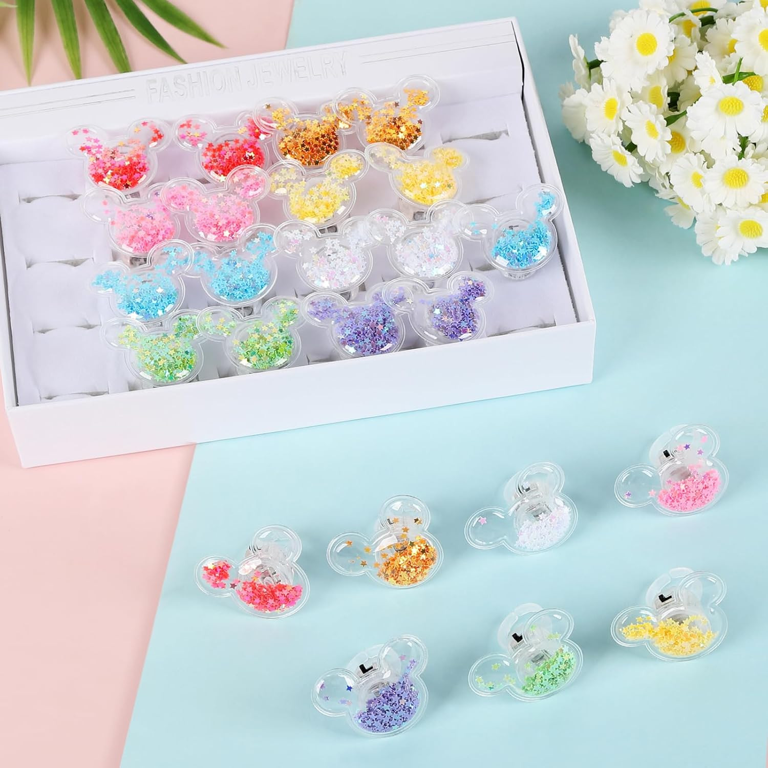 Mouse Party Favors 24 Pcs Glitter Mouse Ear LED Light up Rings Glowing Finger Ri