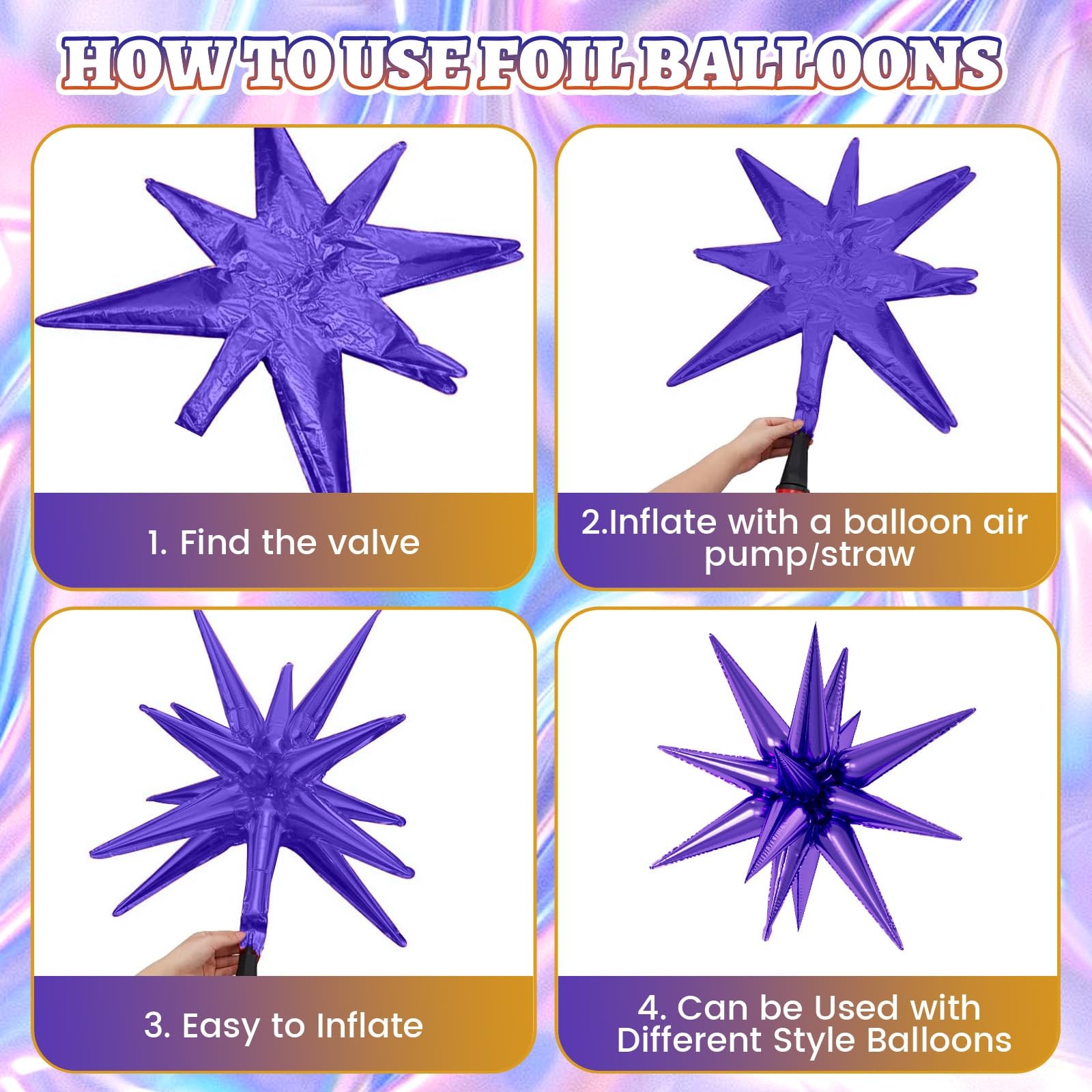 Purple Gold Star Foil Balloons, 10PCS 22Inch Large Purple Gold Spike Cone Sta…